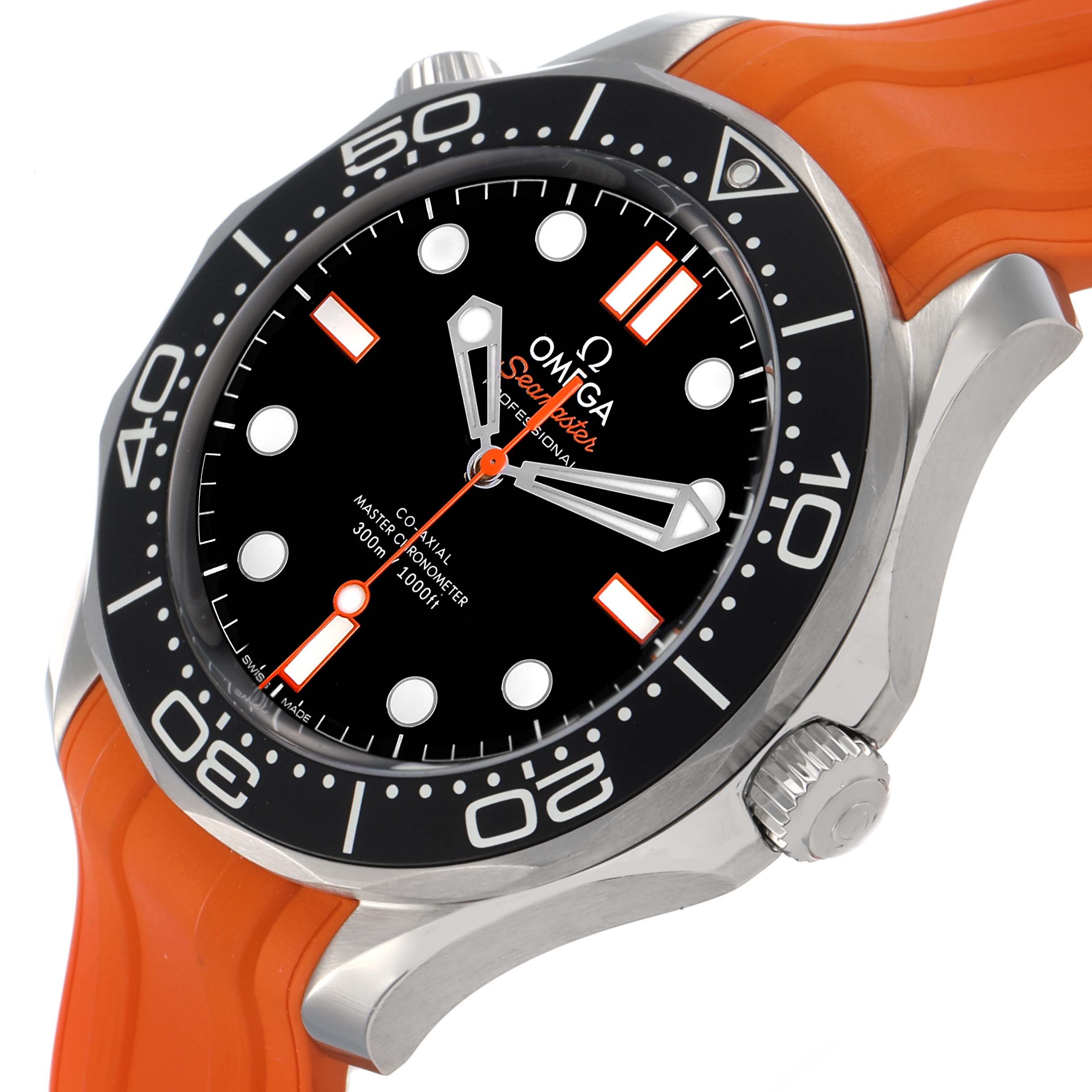 The image shows an angled view of an Omega Seamaster 210.32.42.20.01.006 Men's Stainless Steel Black Dial watch, highlighting the bezel, dial, case, and orange strap.