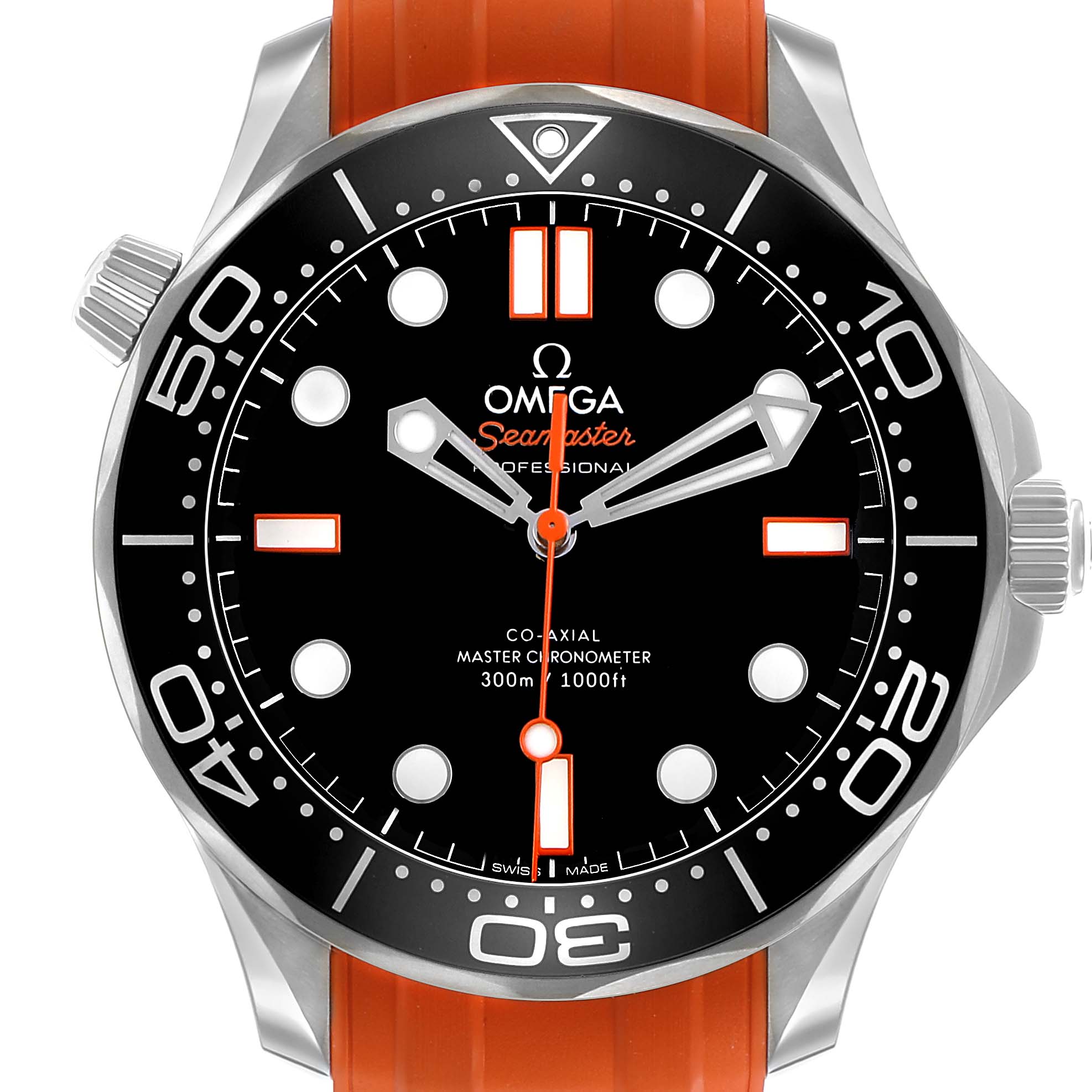 The Omega Seamaster 210.32.42.20.01.006 Men's Stainless Steel Black Dial is shown from the front, highlighting its dial, bezel, hands, and orange strap.