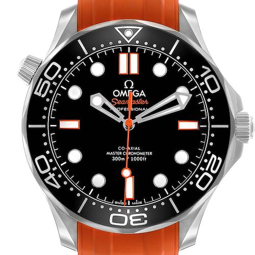 The Omega Seamaster 210.32.42.20.01.006 Men's Stainless Steel Black Dial watch is shown from the front, featuring its dial, bezel, and orange rubber strap.
