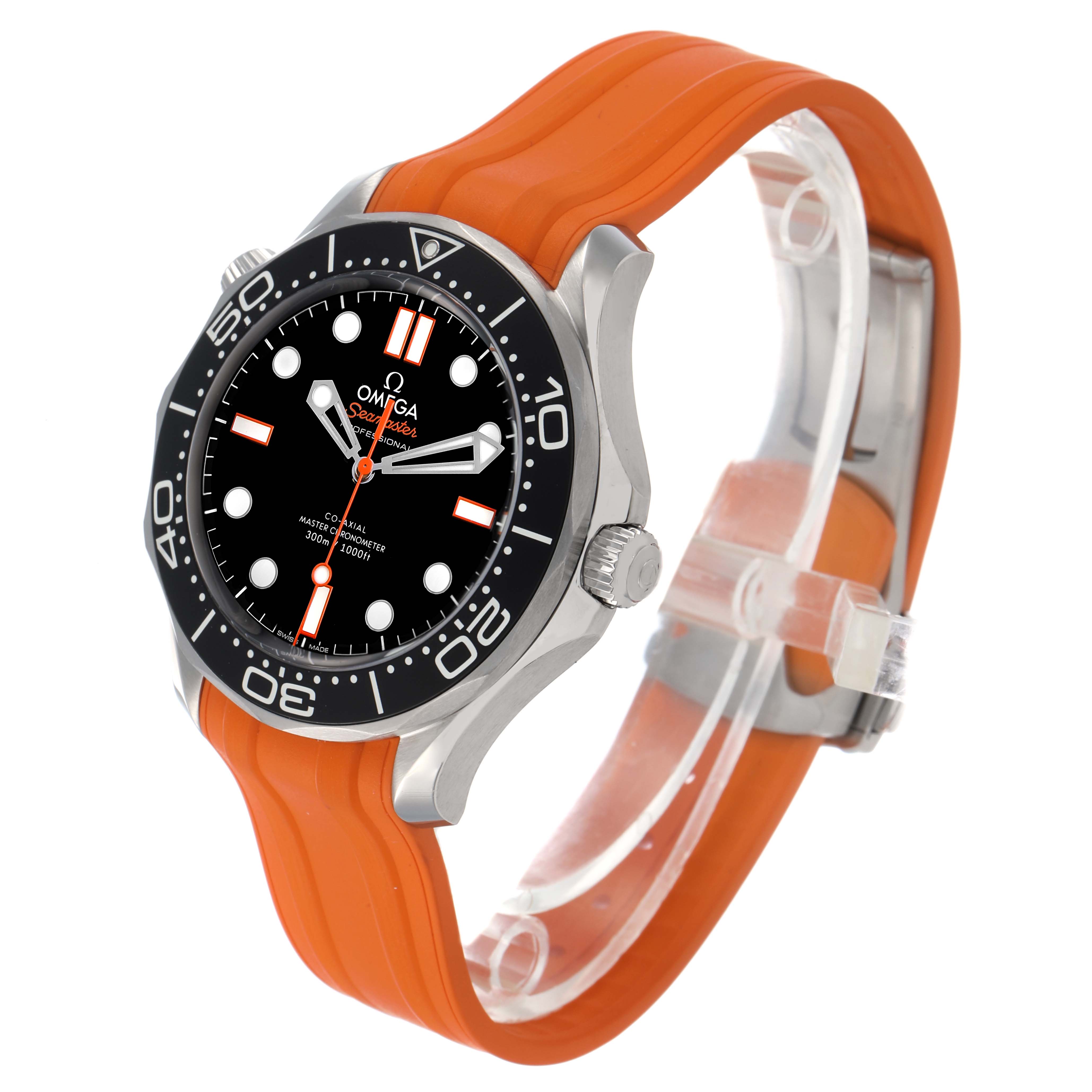 The Omega Seamaster 210.32.42.20.01.006 Men's Stainless Steel Black Dial watch is shown at a three-quarter angle, featuring its face, bezel, and orange strap.
