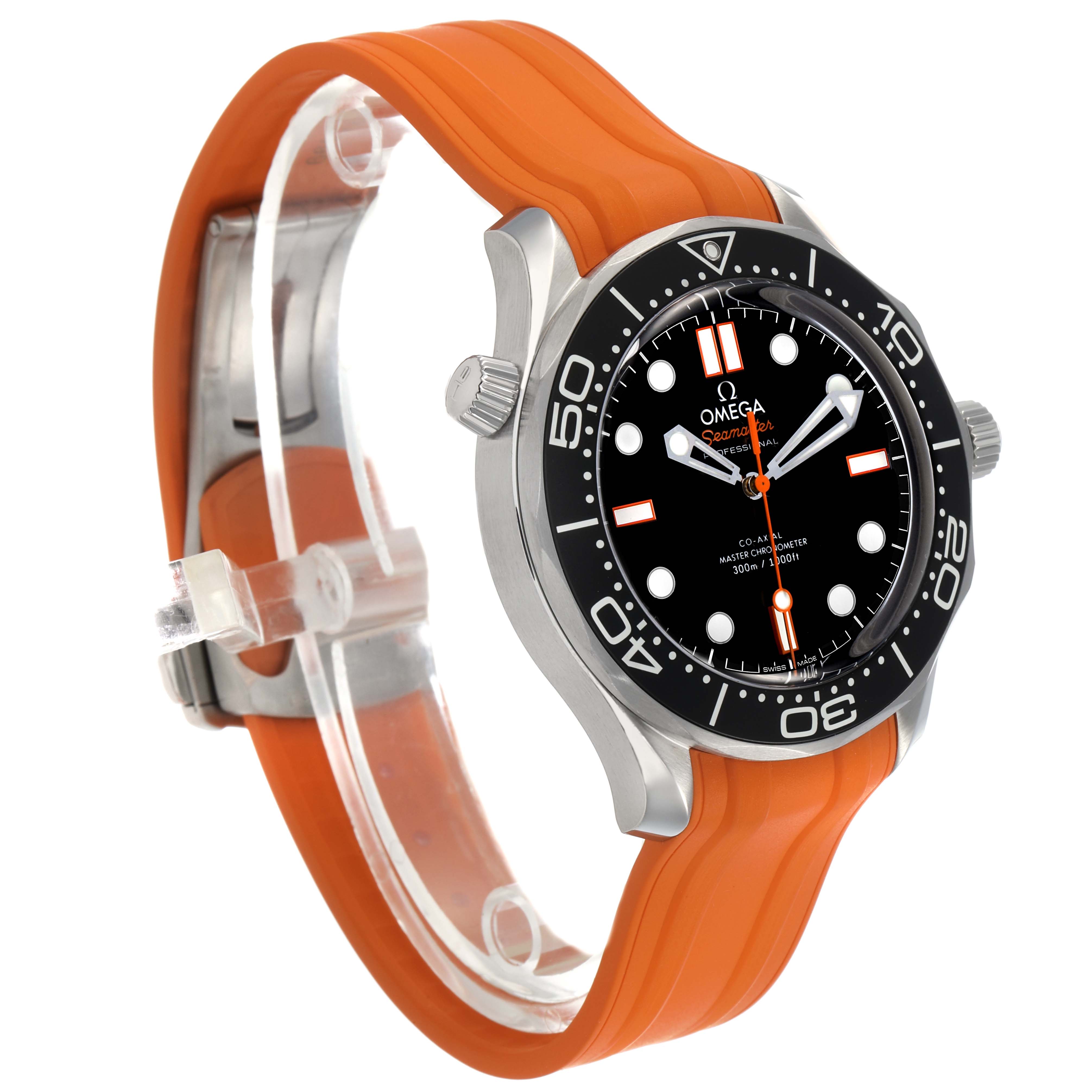 The Omega Seamaster 210.32.42.20.01.006 Men's Stainless Steel Black Dial watch is shown at a three-quarter angle, displaying the face, bezel, orange strap, and crown.