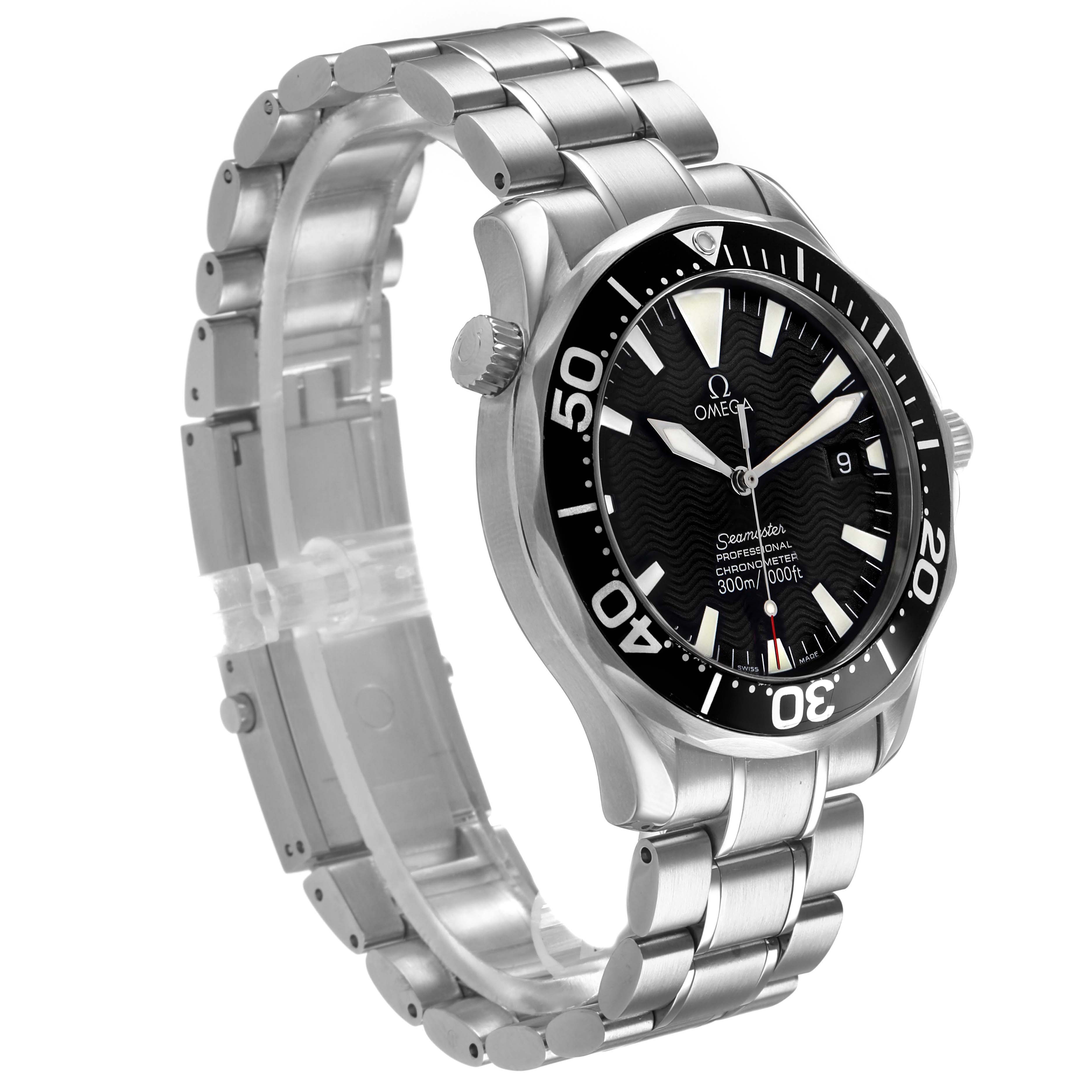 The Omega Seamaster 2254.50.00 Men's Stainless Steel Black Dial watch is shown at a three-quarter angle, highlighting the face, bezel, crown, and bracelet.