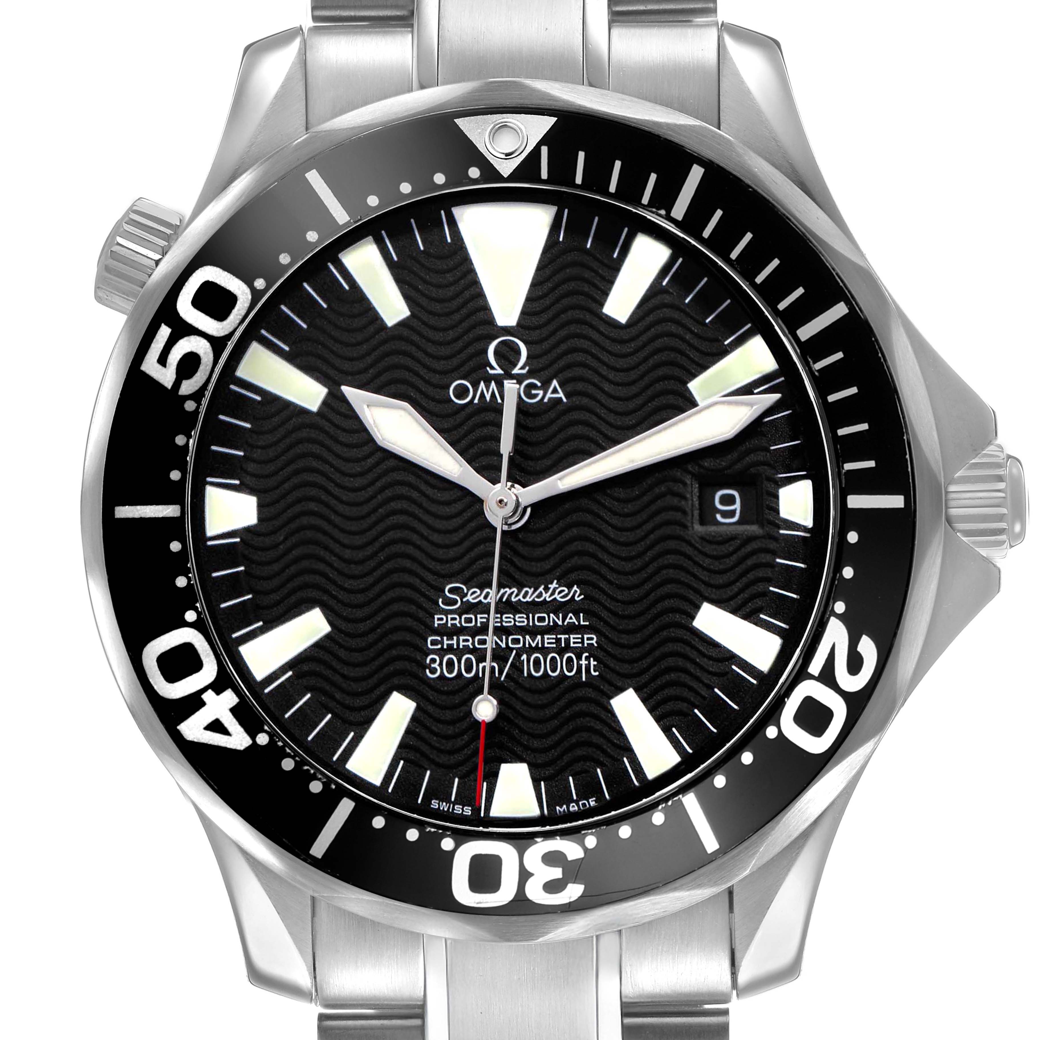 The Omega Seamaster 2254.50.00 Men's Stainless Steel Black Dial watch is shown from a front angle, highlighting its face, bezel, and part of the bracelet.