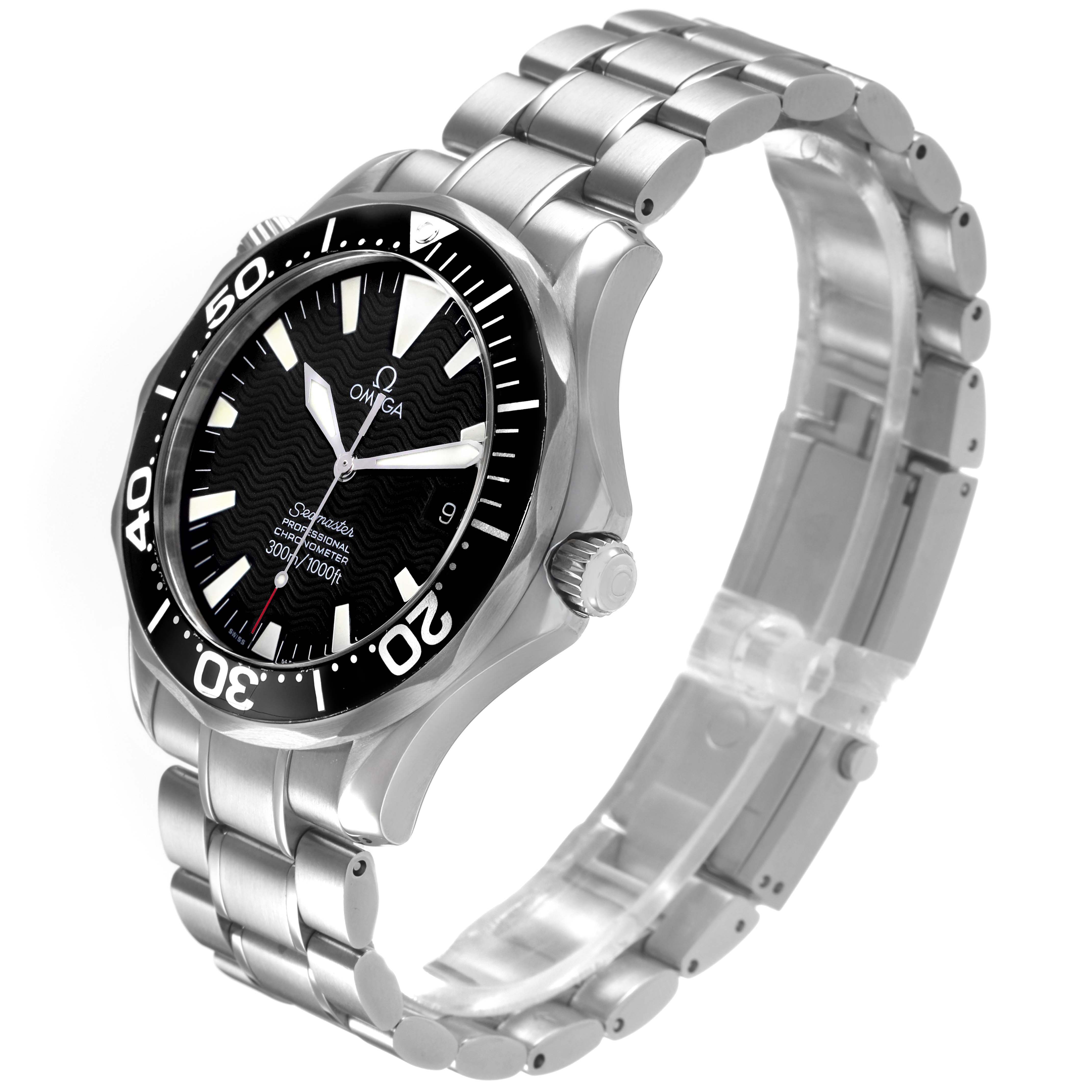 The Omega Seamaster 2254.50.00 Men's Stainless Steel Black Dial watch is shown at an angled view displaying the face, bezel, crown, and metal bracelet.