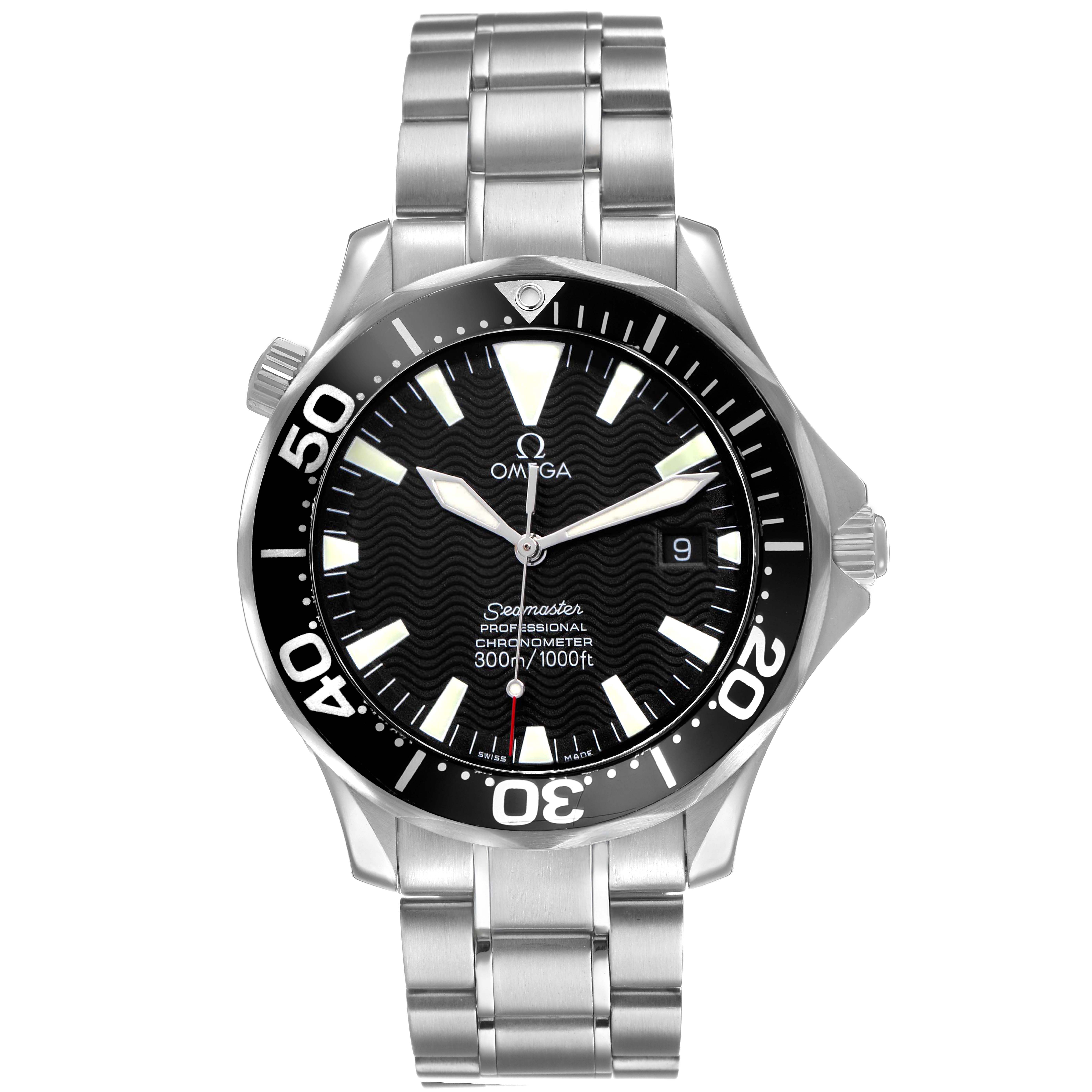 The Omega Seamaster 2254.50.00 Men's Stainless Steel Black Dial watch is shown from a frontal angle, highlighting its face, bezel, crown, and metal bracelet.