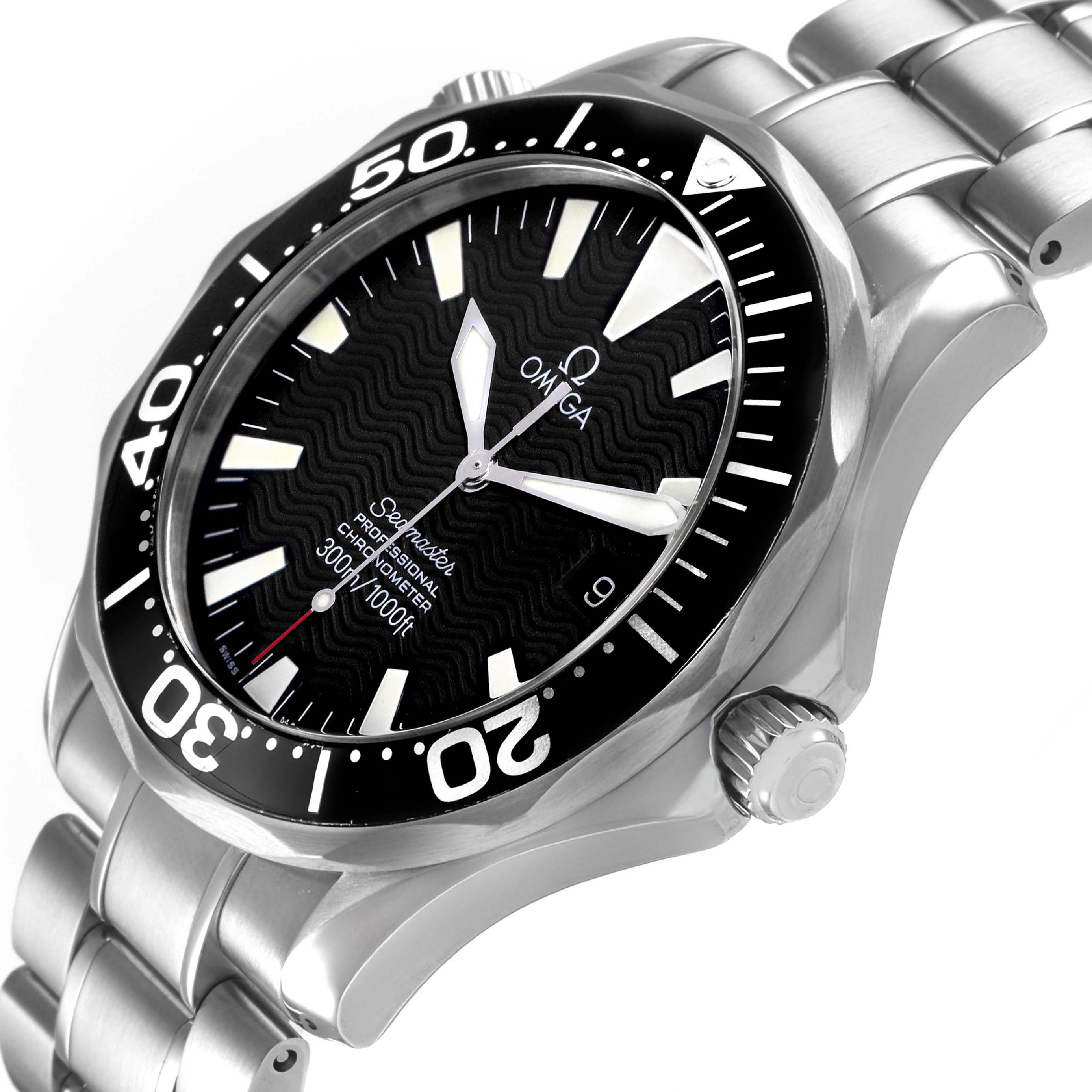 The Omega Seamaster 2254.50.00 Men's Stainless Steel Black Dial watch is shown at a three-quarter angle, highlighting the face, bezel, and part of the bracelet.