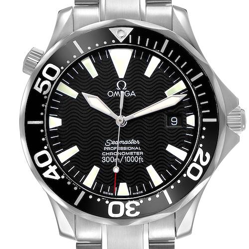 The Omega Seamaster 2254.50.00 Men's Stainless Steel Black Dial watch is shown from a front view, highlighting the dial, bezel, and part of the bracelet.