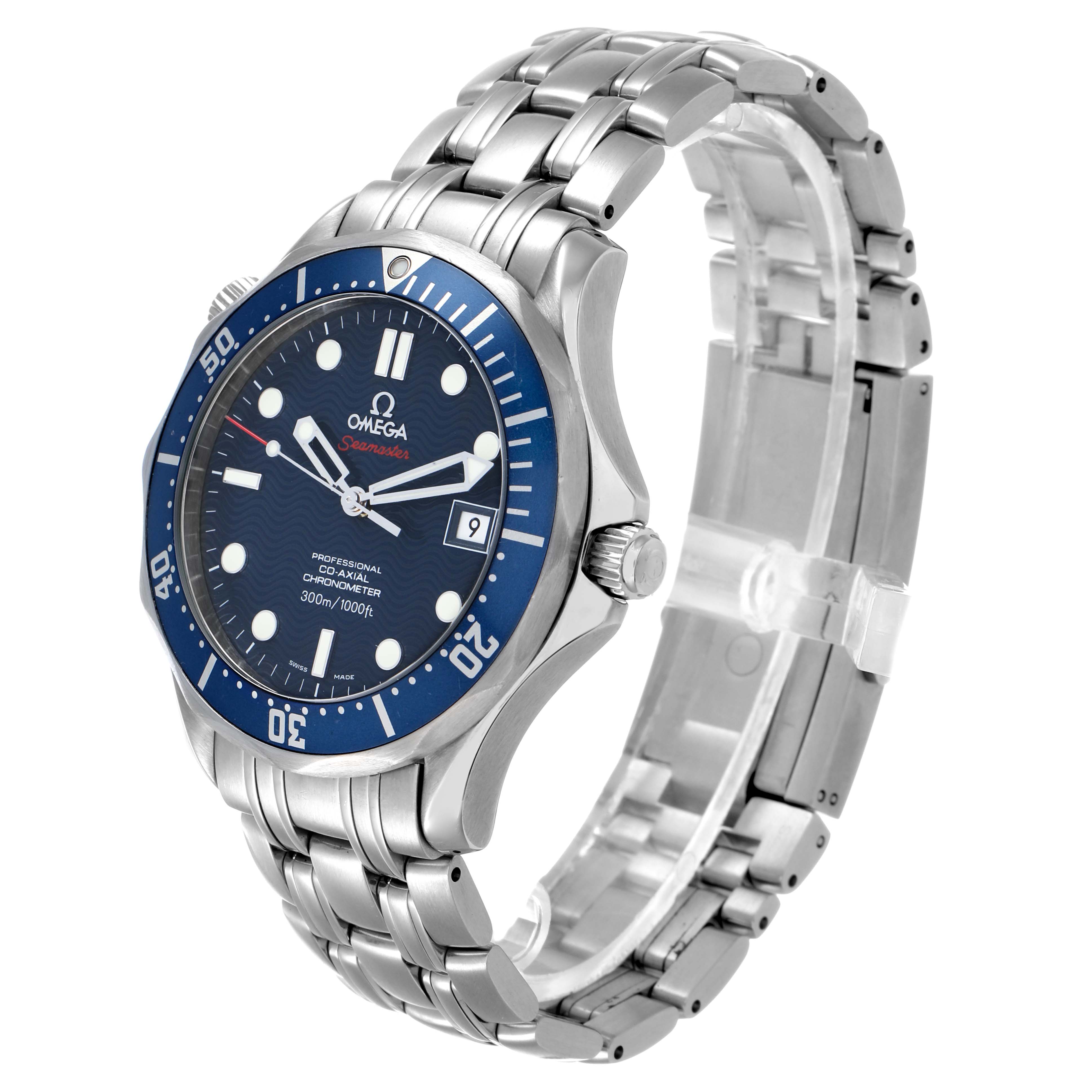 The Omega Seamaster 2220.80.00 Men's Stainless Steel Blue Dial watch is shown at a three-quarter angle, showcasing its blue dial, bezel, stainless steel bracelet, and crown.
