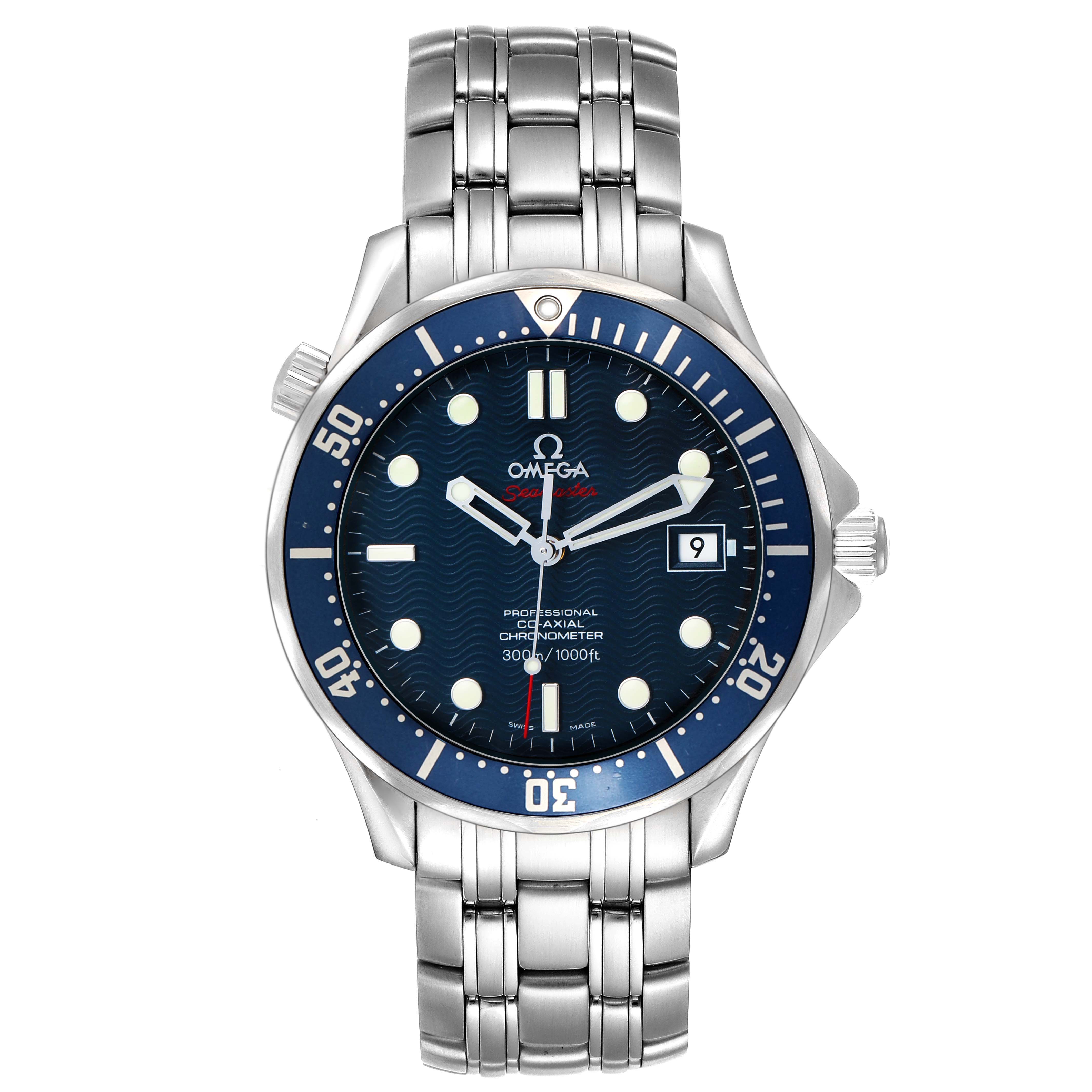This Omega Seamaster 2220.80.00 Men's Stainless Steel Blue Dial watch is shown from a front angle, highlighting its blue dial, bezel, hands, date window, and steel bracelet.