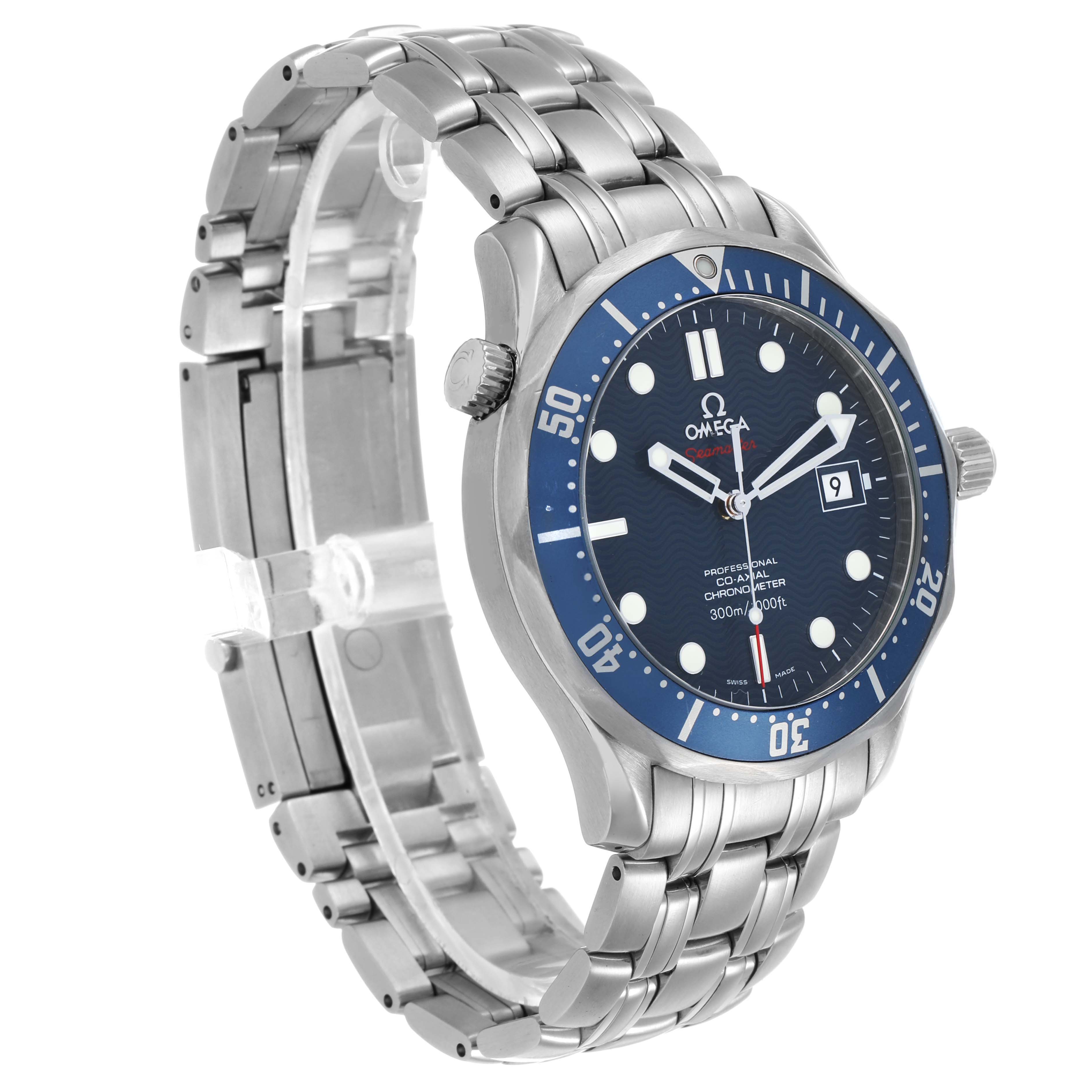 The Omega Seamaster 2220.80.00 Men's Stainless Steel Blue Dial watch is shown from a three-quarter angle, highlighting the blue dial, bezel, and metal bracelet.