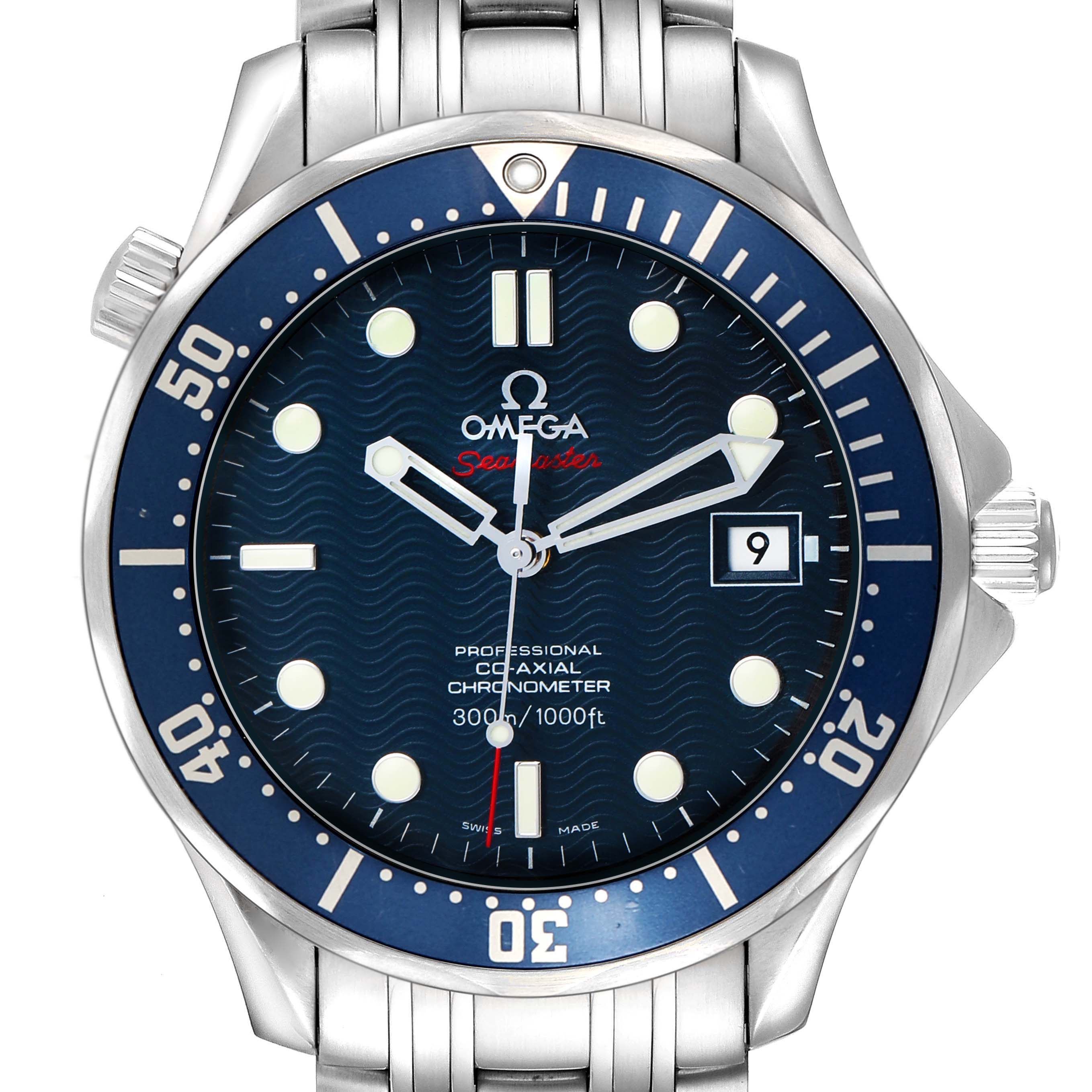 The Omega Seamaster 2220.80.00 Men's Stainless Steel Blue Dial model is shown from the front, displaying the dial, bezel, crown, and part of the bracelet.