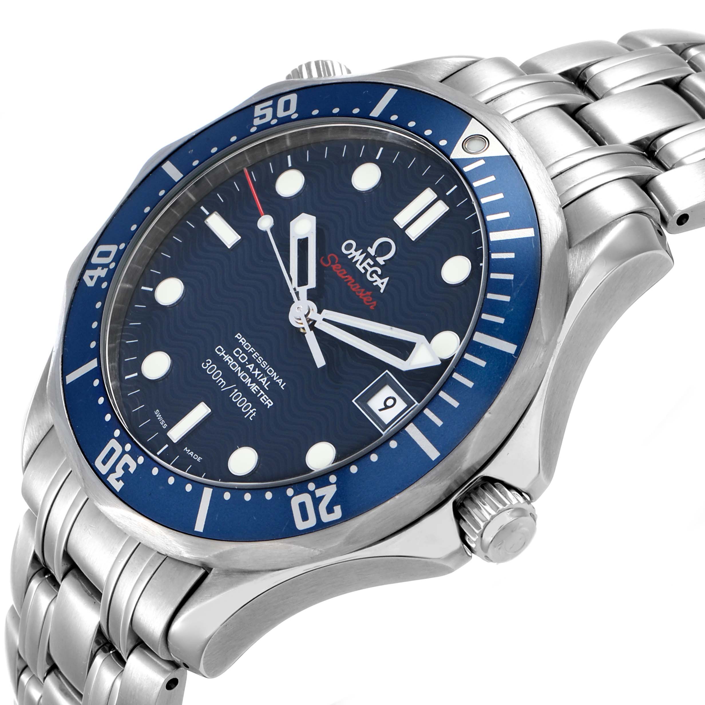 The Omega Seamaster 2220.80.00 Men's Stainless Steel Blue Dial watch is shown at a slight angle, highlighting the face, bezel, crown, and part of the bracelet.