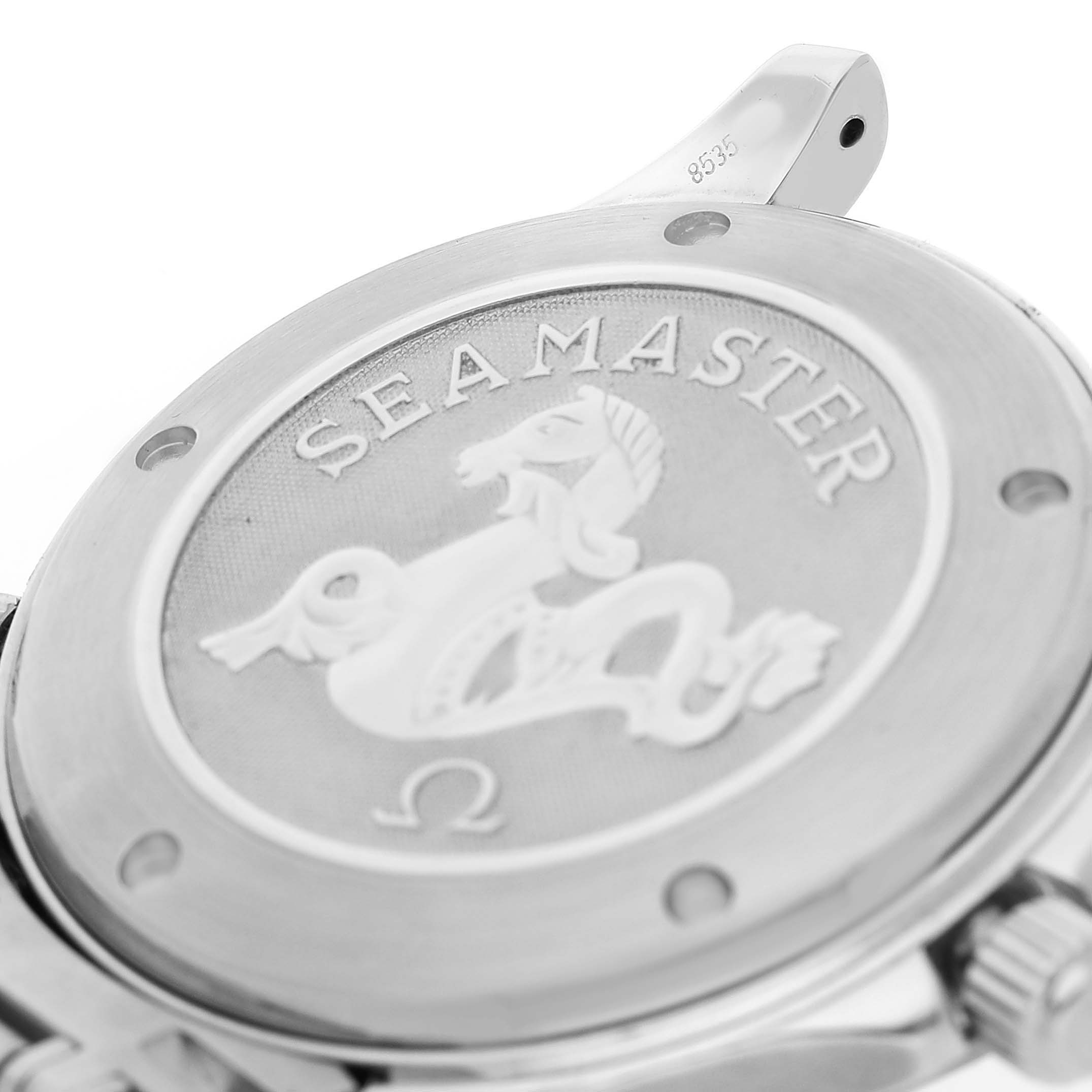 The image shows the case back of the Omega Seamaster 2220.80.00 Men's Stainless Steel Blue Dial watch, featuring the engraved emblem.