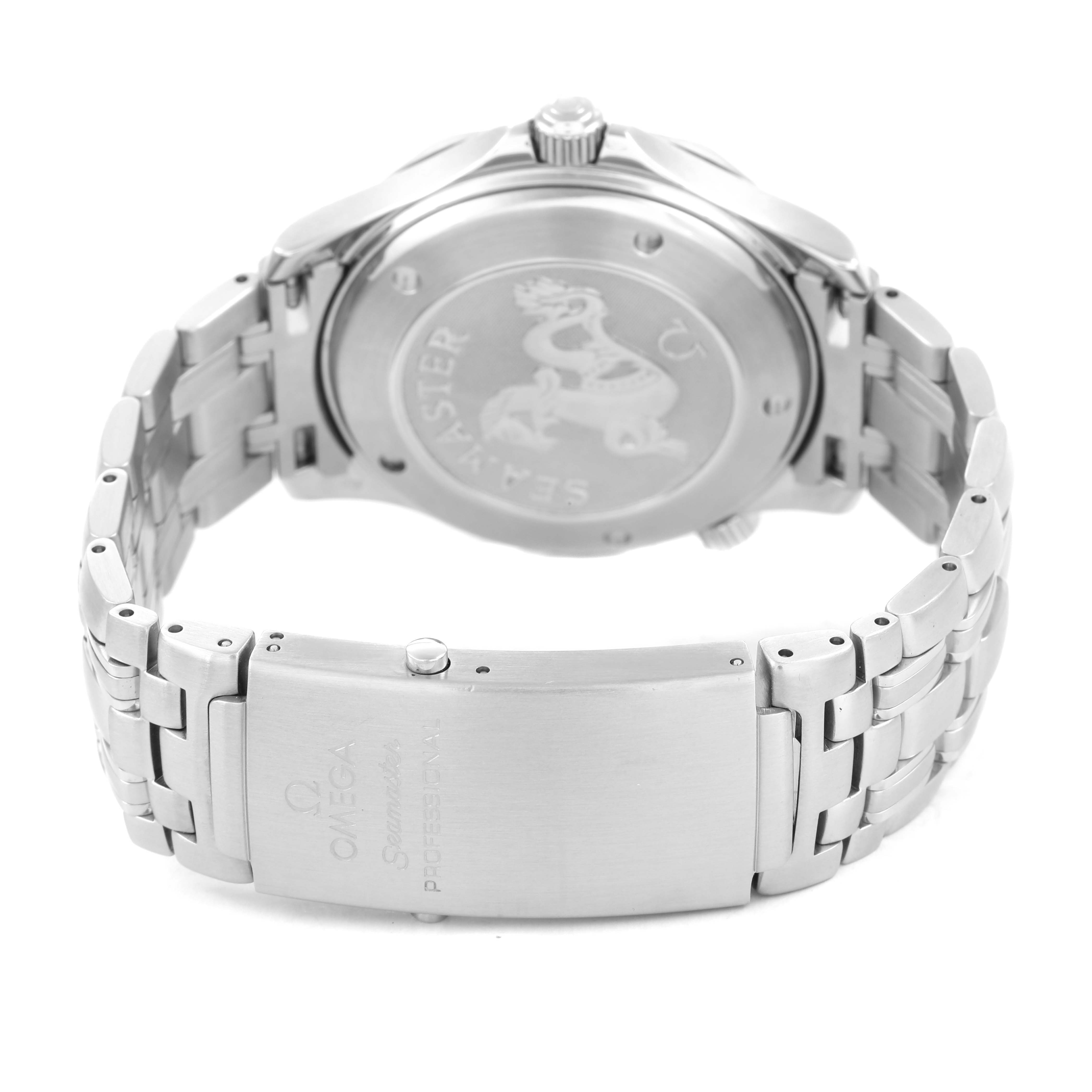The image shows the back and clasp of an Omega Seamaster 2220.80.00 Men's Stainless Steel Blue Dial watch, highlighting its bracelet and engraved case back.