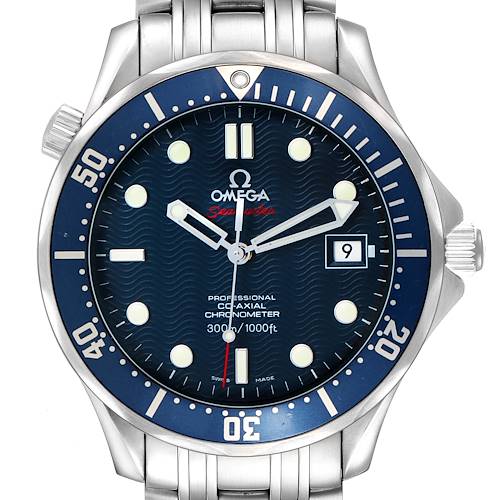 The Omega Seamaster 2220.80.00 Men's Stainless Steel Blue Dial is shown from the front, displaying the dial, bezel, crown, and part of the bracelet.