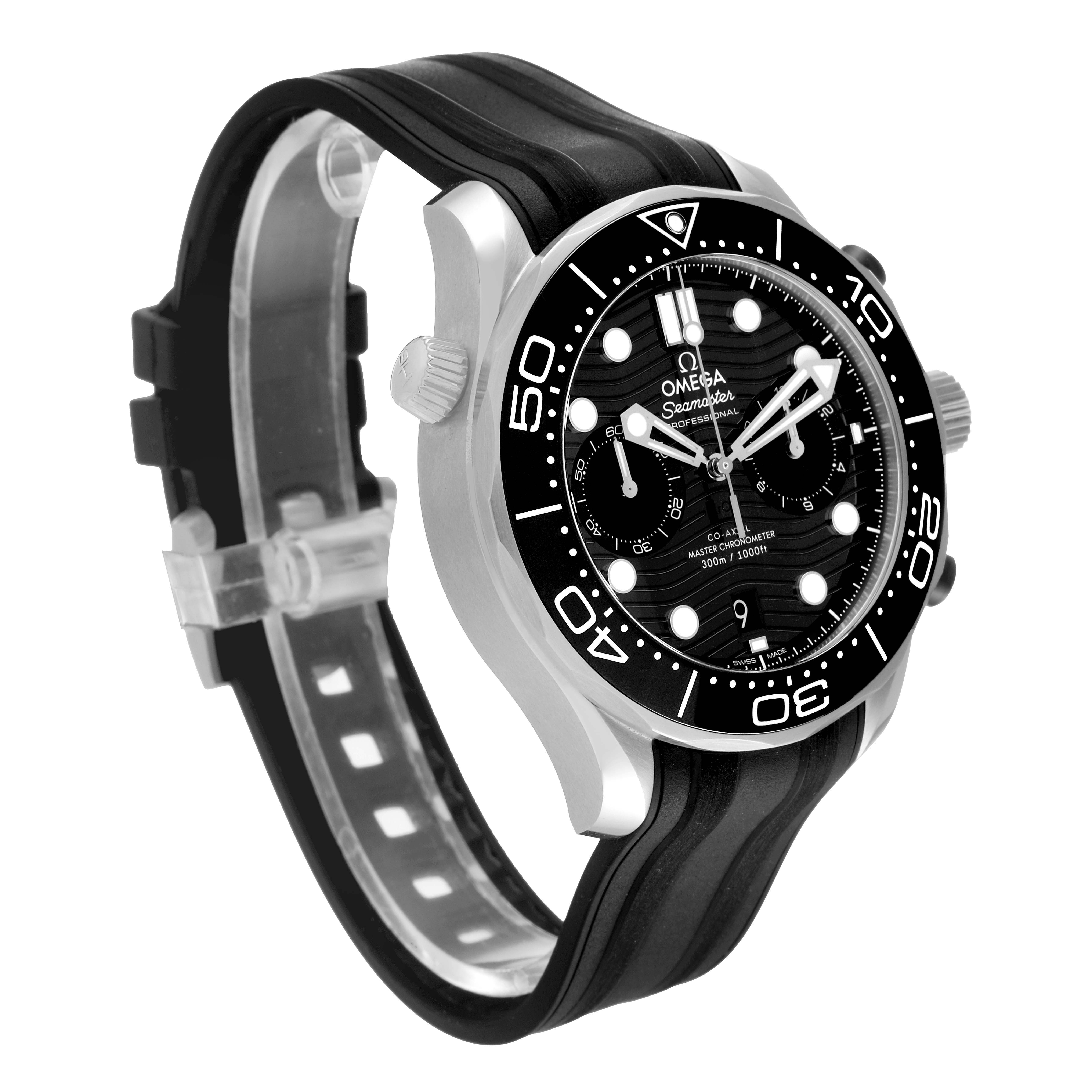 The Omega Seamaster 210.32.44.51.01.001 Men's Stainless Steel Black Dial 210.32.44.51.01.001 Men's Stainless Steel Black Dial watch is shown at a left side angle, highlighting the bezel, face, crown, and black rubber strap.