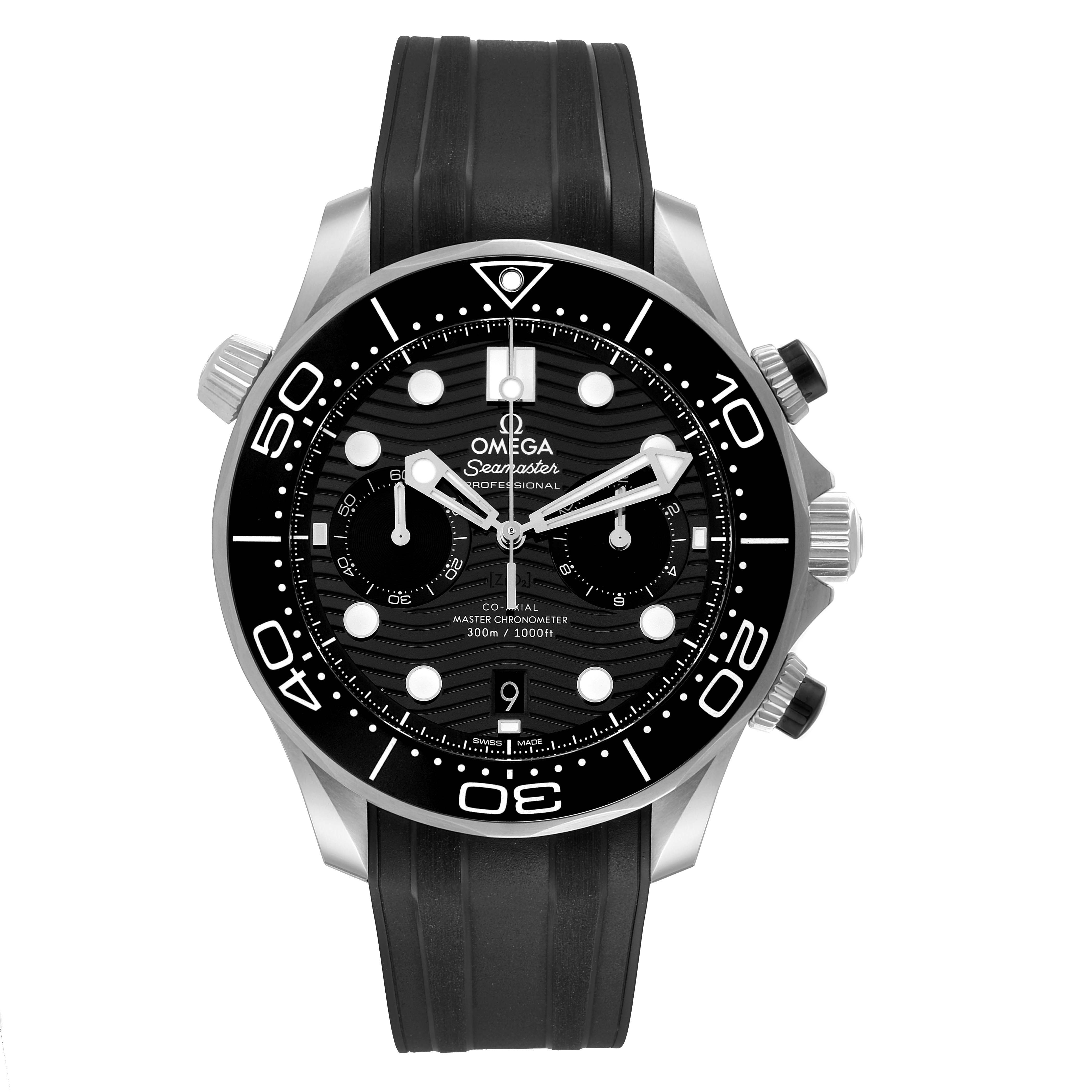 The Omega Seamaster 210.32.44.51.01.001 Men's Stainless Steel Black Dial 210.32.44.51.01.001 Men's Stainless Steel Black Dial watch is shown from the front, displaying the face, bezel, crown, and strap.