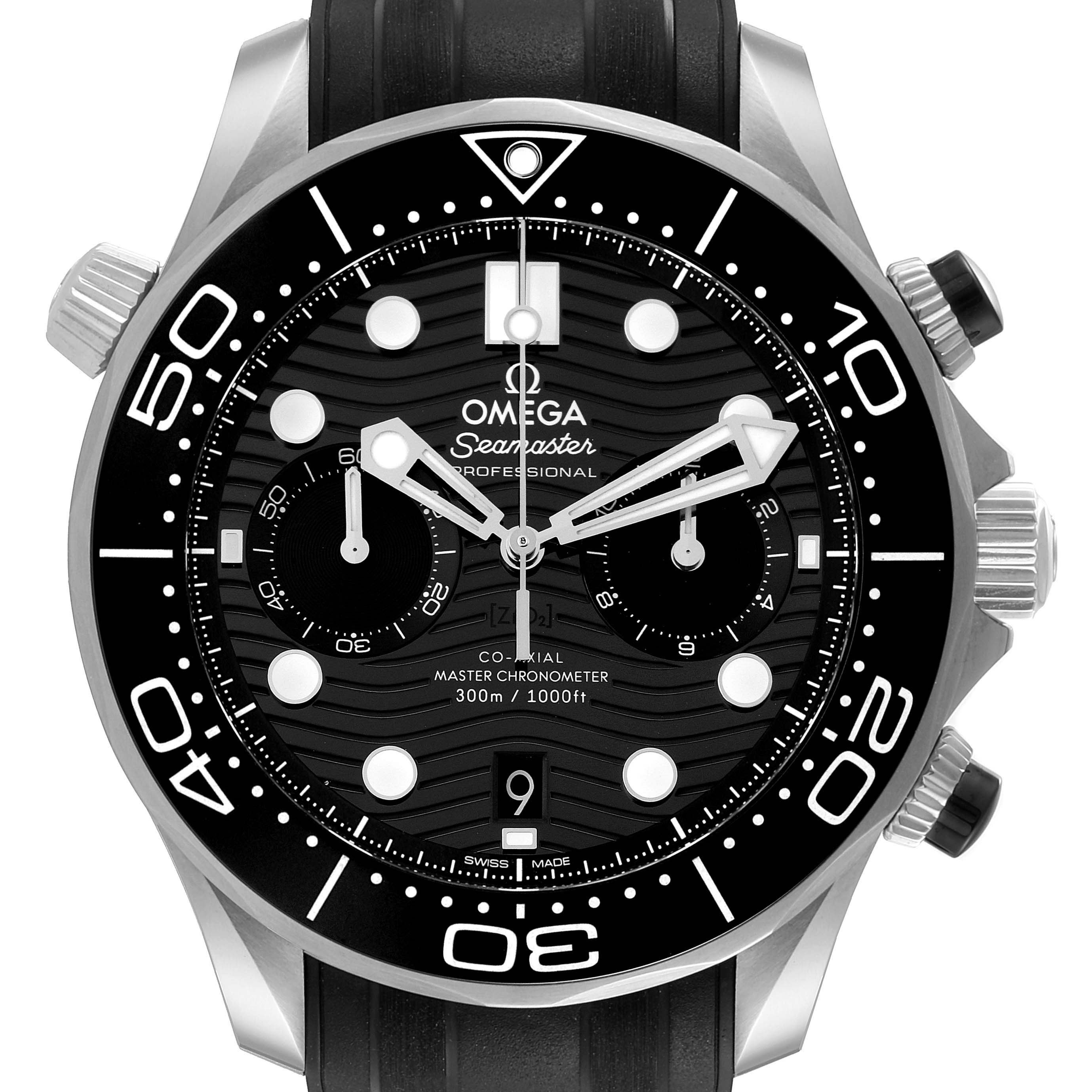 The image shows a front view of an Omega Seamaster 210.32.44.51.01.001 Men's Stainless Steel Black Dial 210.32.44.51.01.001 Men's Stainless Steel Black Dial watch, highlighting the bezel, dial, hands, and chronograph subdials.
