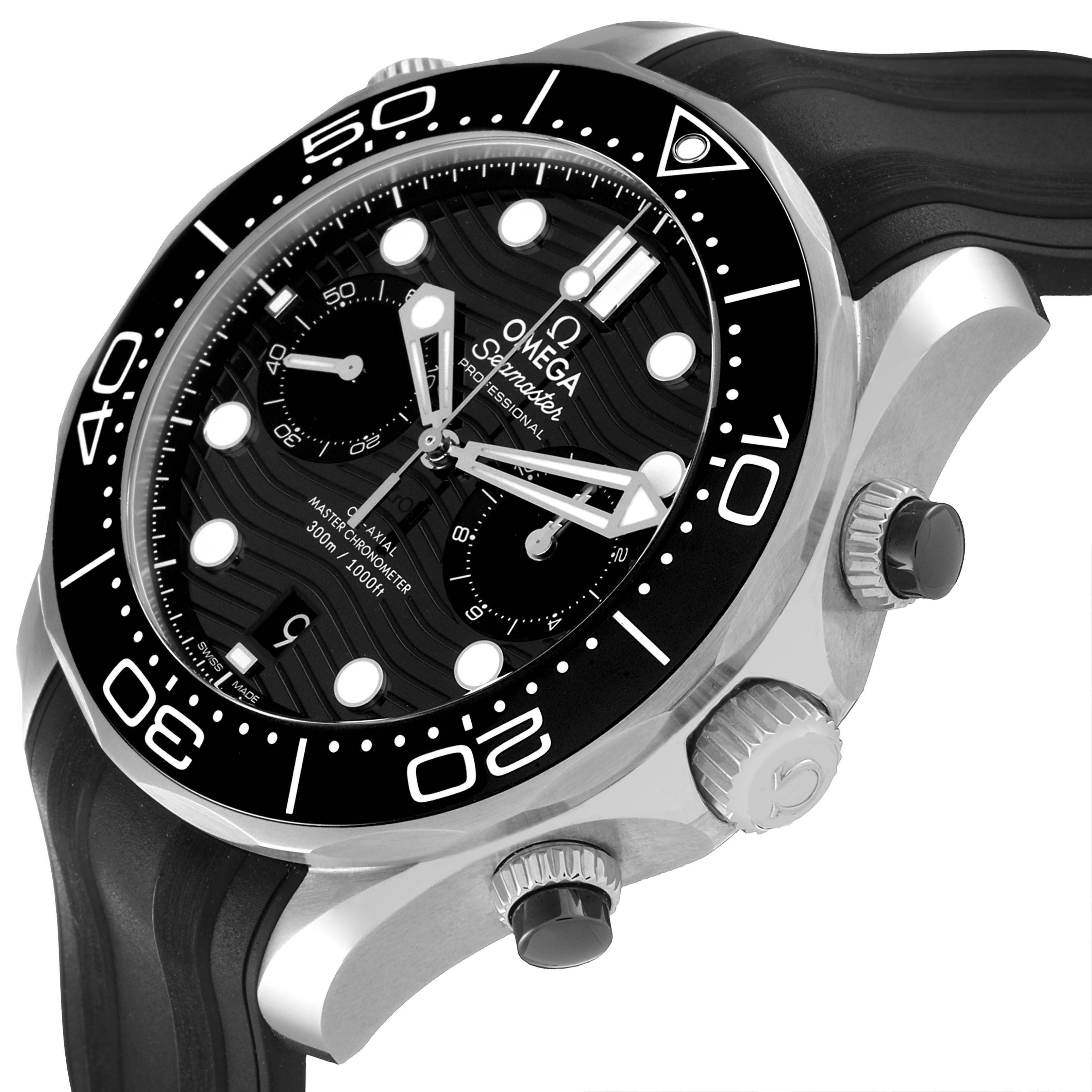 The image shows a close-up angle of an Omega Seamaster 210.32.44.51.01.001 Men's Stainless Steel Black Dial 210.32.44.51.01.001 Men's Stainless Steel Black Dial watch, highlighting its bezel, dial, and side view with the crown and pushers.