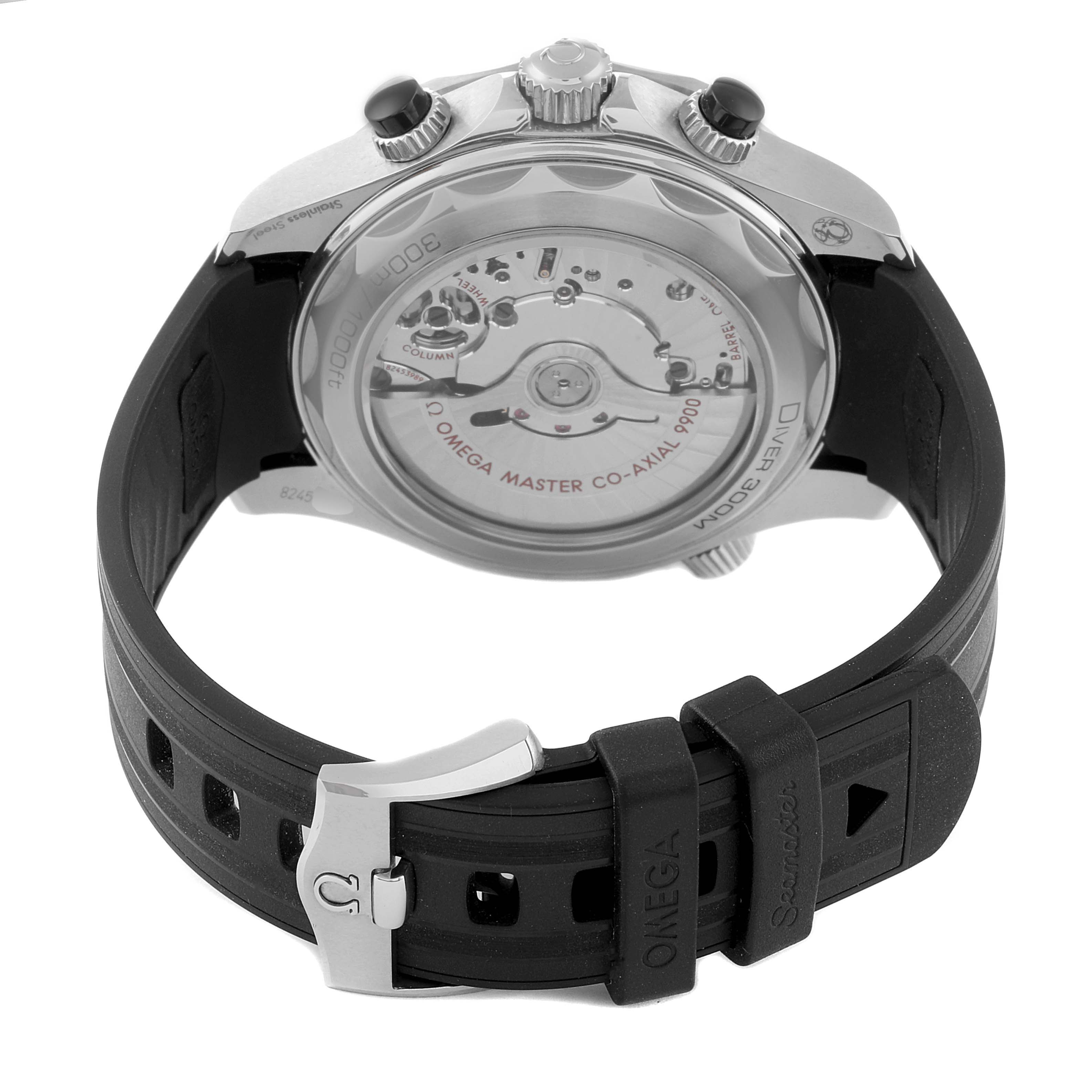 The image shows the back view of the Omega Seamaster 210.32.44.51.01.001 Men's Stainless Steel Black Dial 210.32.44.51.01.001 Men's Stainless Steel Black Dial watch, highlighting the movement and rubber strap with the buckle.