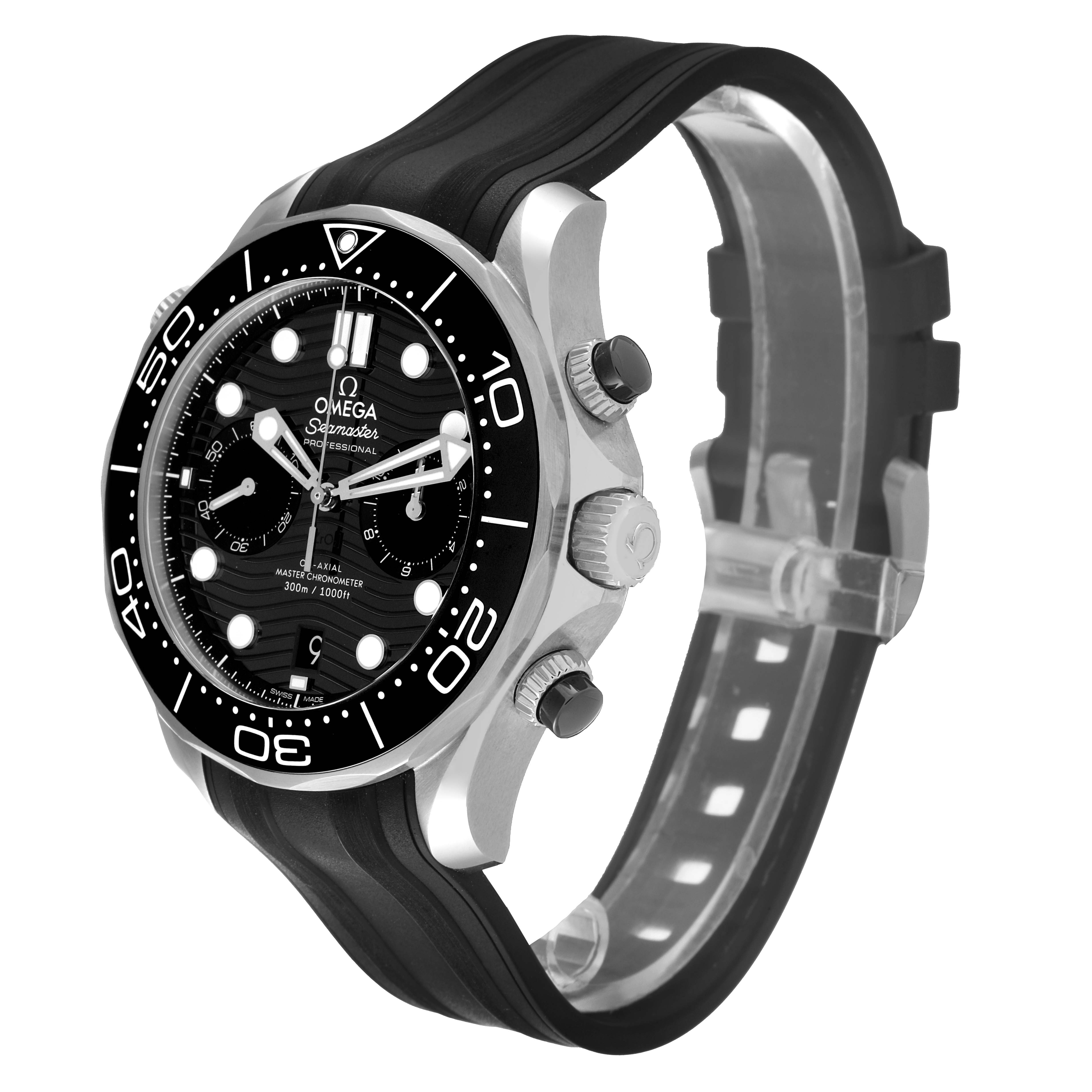 The image shows an Omega Seamaster 210.32.44.51.01.001 Men's Stainless Steel Black Dial 210.32.44.51.01.001 Men's Stainless Steel Black Dial watch at a three-quarter angle, displaying the face, bezel, crown, pushers, and strap.