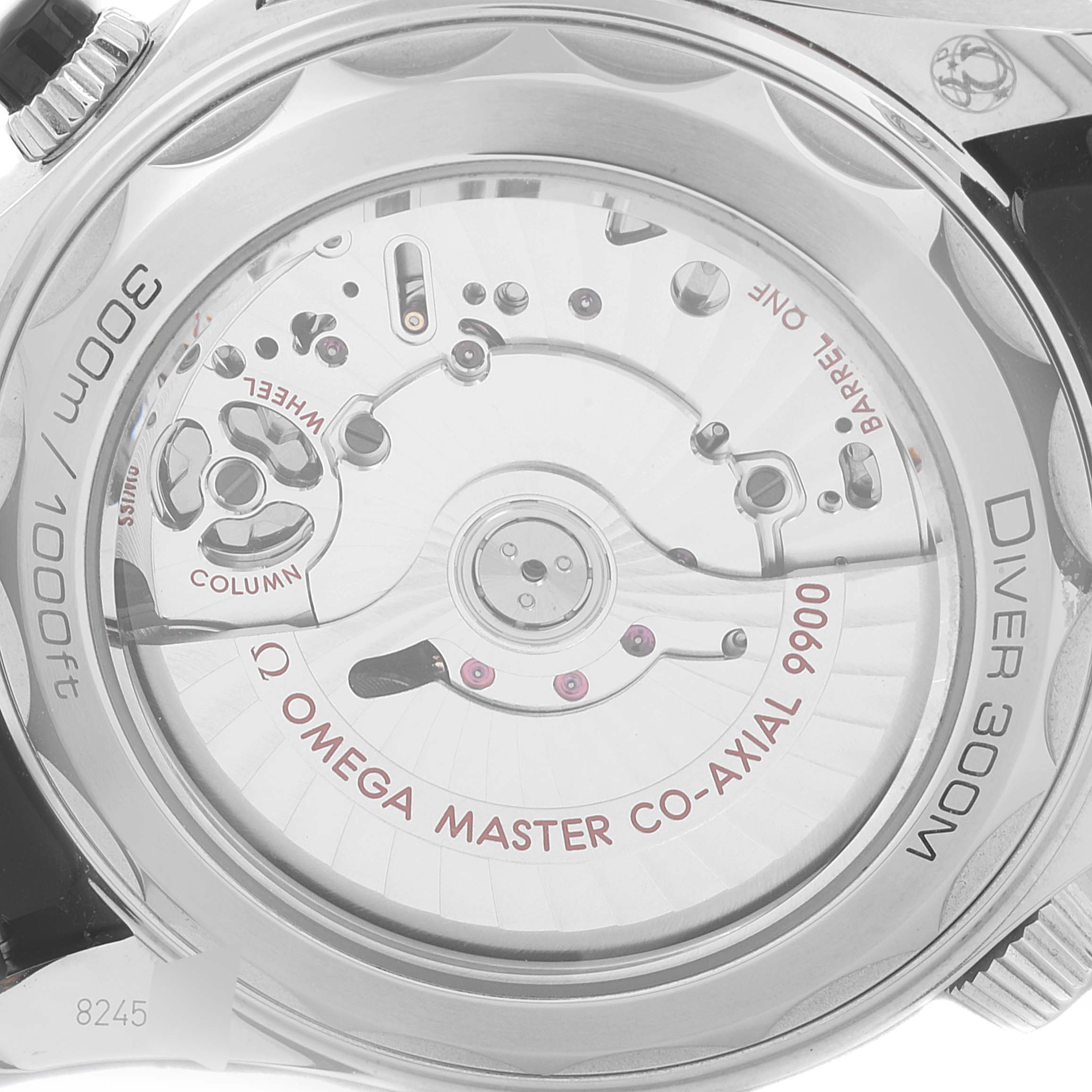The image shows the back view of an Omega Seamaster 210.32.44.51.01.001 Men's Stainless Steel Black Dial 210.32.44.51.01.001 Men's Stainless Steel Black Dial watch, highlighting the movement and internal components.