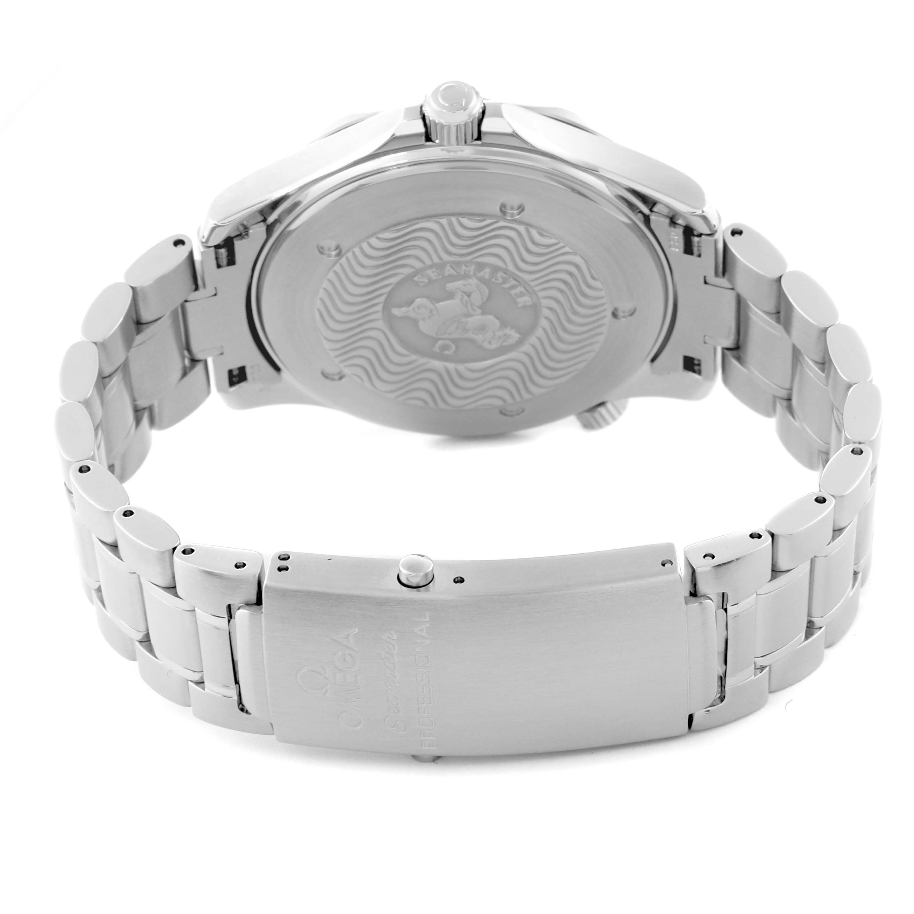 The image shows the back view of an Omega Seamaster 2265.80.00 Men
s Stainless Steel Blue Dial 2265.80.00 Men
s Stainless Steel Blue Dial watch, highlighting its case back and metal bracelet.
