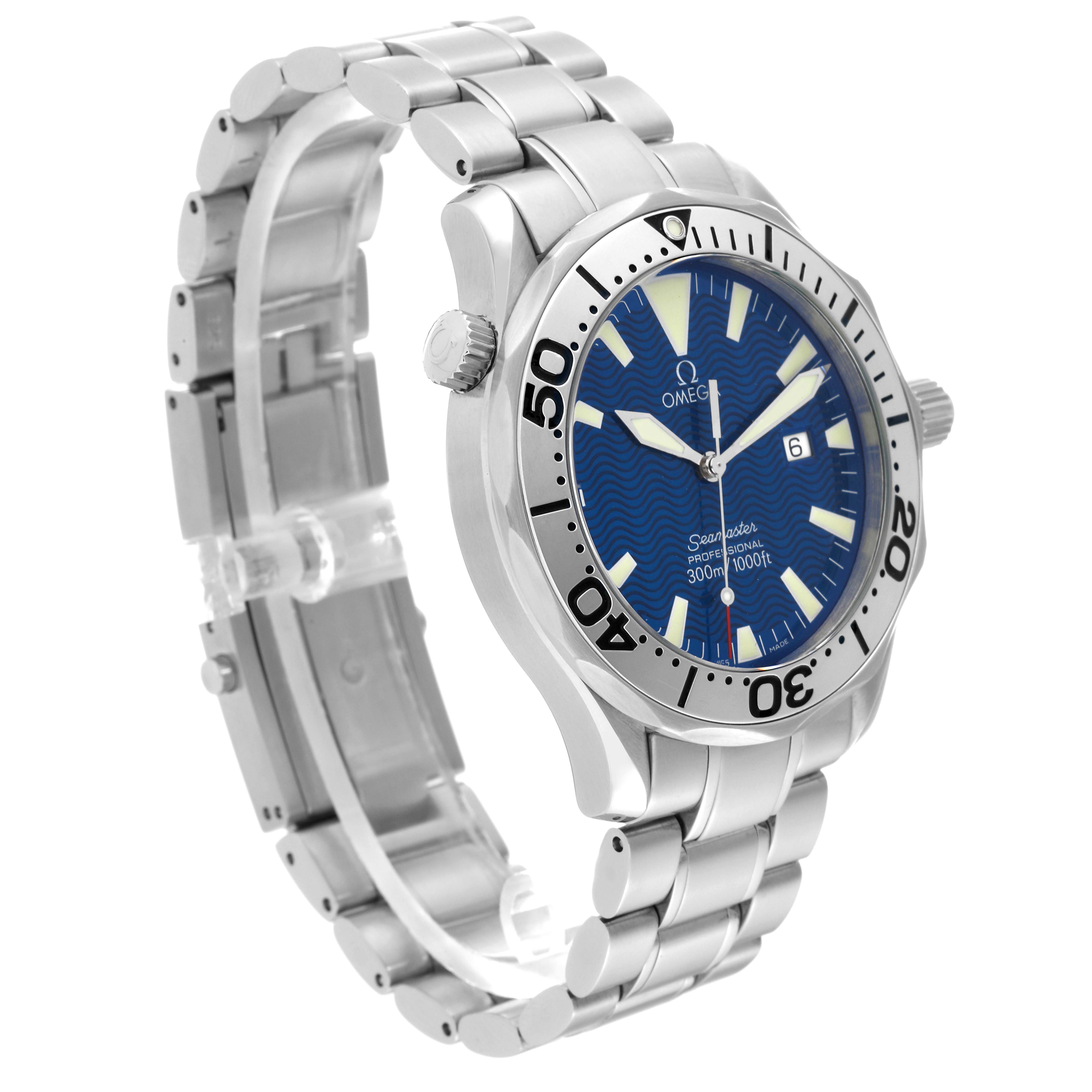 This image shows an Omega Seamaster 2265.80.00 Men
s Stainless Steel Blue Dial 2265.80.00 Men
s Stainless Steel Blue Dial watch from a left-angle view, highlighting its bracelet, bezel, and dial.