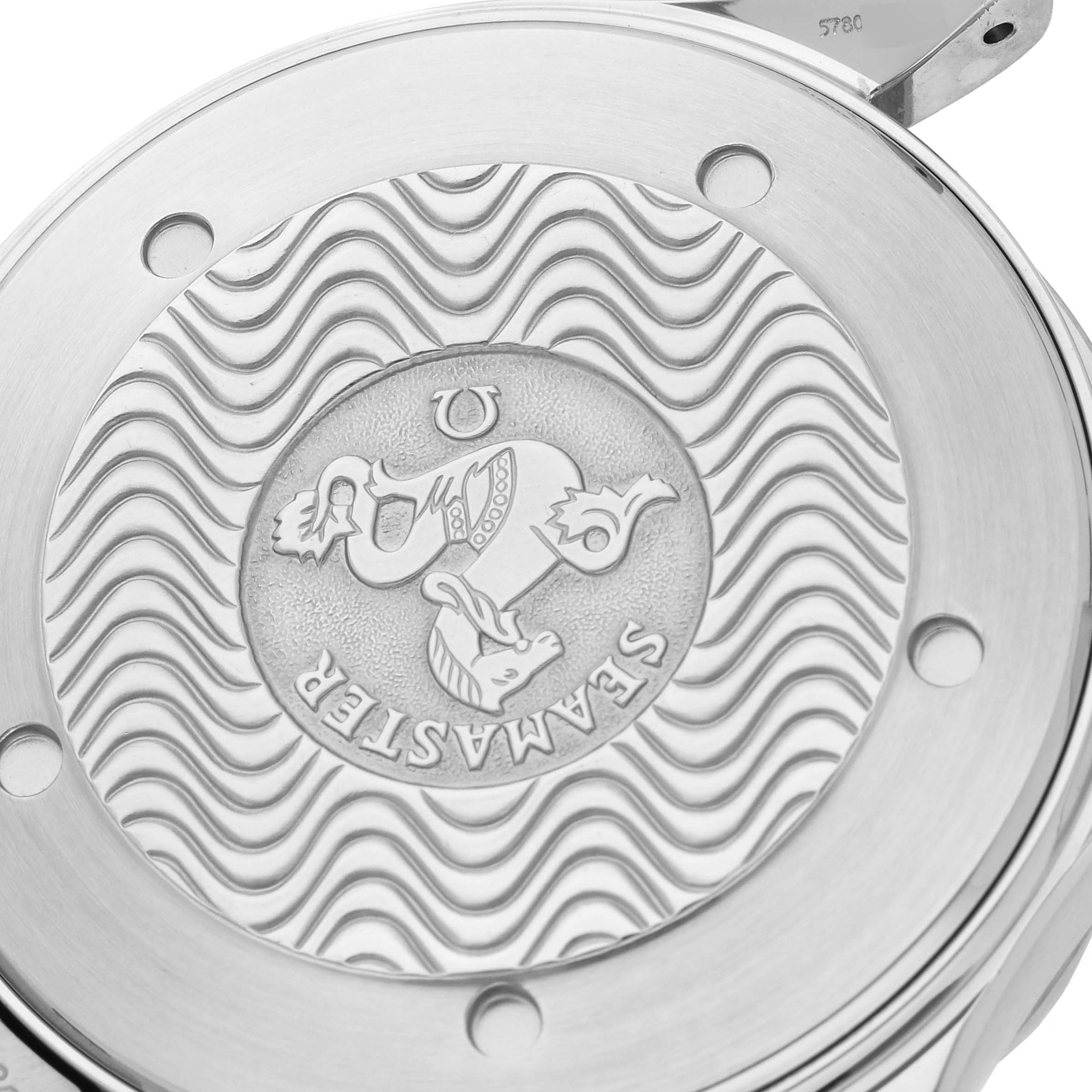 The image shows the back case of an Omega Seamaster 2265.80.00 Men
s Stainless Steel Blue Dial 2265.80.00 Men
s Stainless Steel Blue Dial watch with wave patterns and the Seamaster logo.