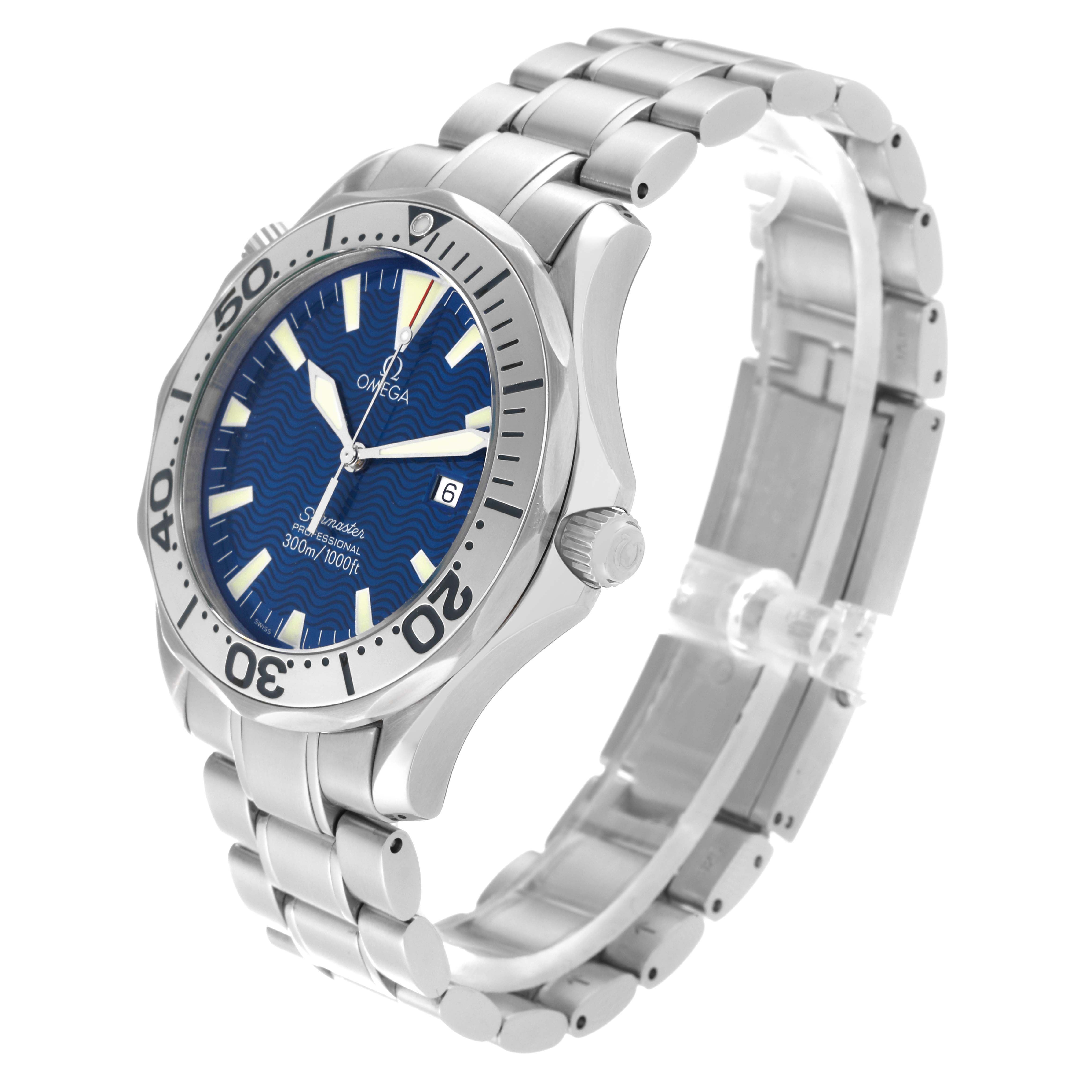 The Omega Seamaster 2265.80.00 Men
s Stainless Steel Blue Dial 2265.80.00 Men
s Stainless Steel Blue Dial watch is shown at a 3/4 angle, displaying its face, bezel, and stainless steel bracelet.