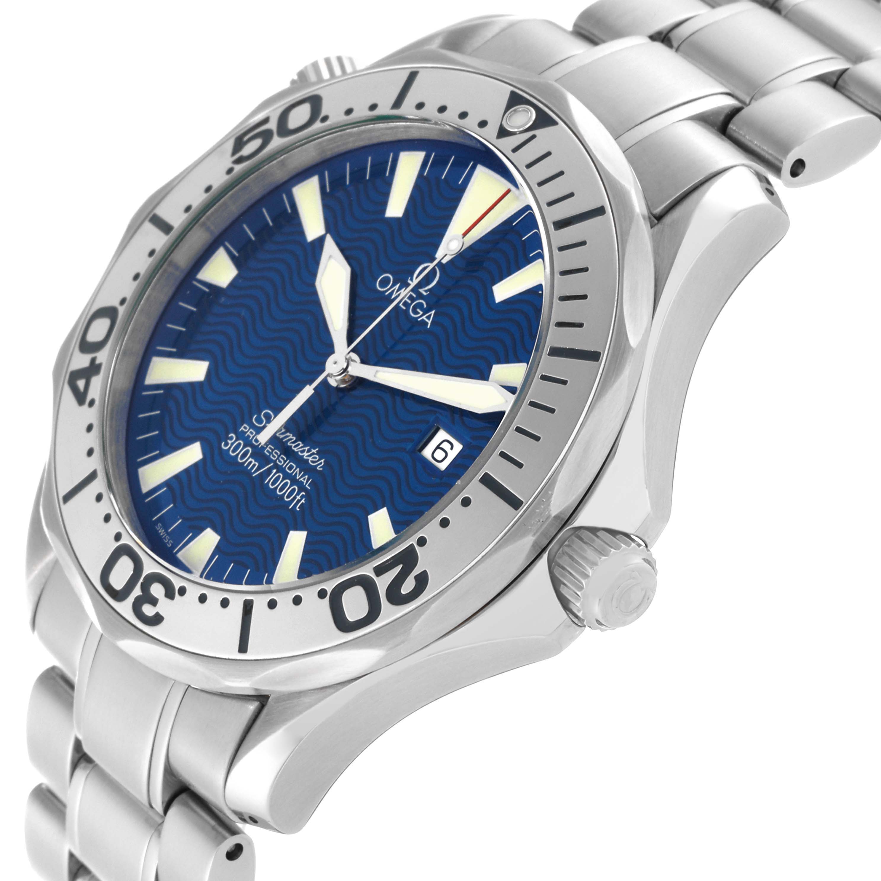 The image shows an angled view of the Omega Seamaster 2265.80.00 Men
s Stainless Steel Blue Dial 2265.80.00 Men
s Stainless Steel Blue Dial watch, highlighting its blue dial, bezel, crown, and stainless steel bracelet.