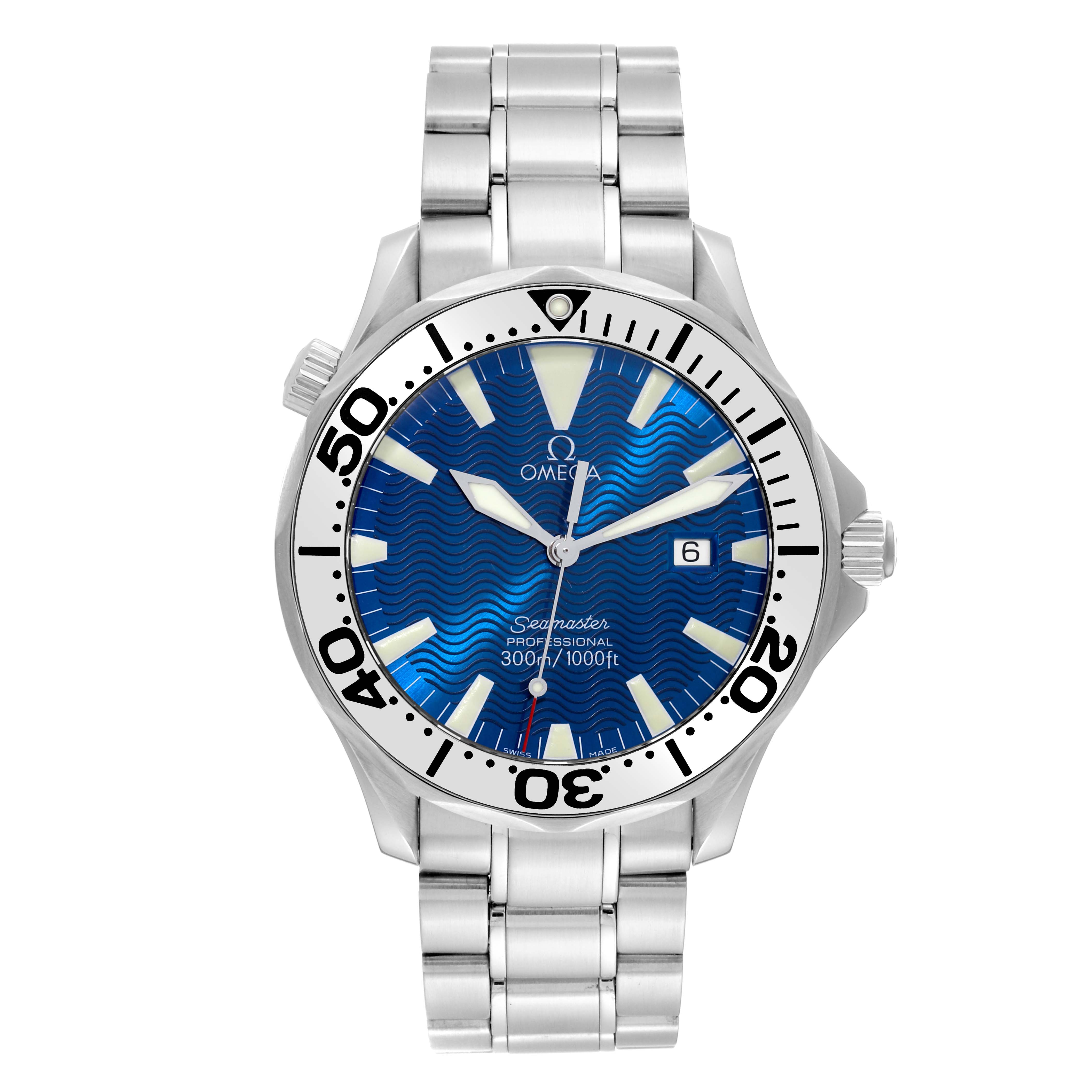 The image shows a front view of an Omega Seamaster 2265.80.00 Men
s Stainless Steel Blue Dial 2265.80.00 Men
s Stainless Steel Blue Dial watch, highlighting its blue dial, bezel, case, and metal bracelet.