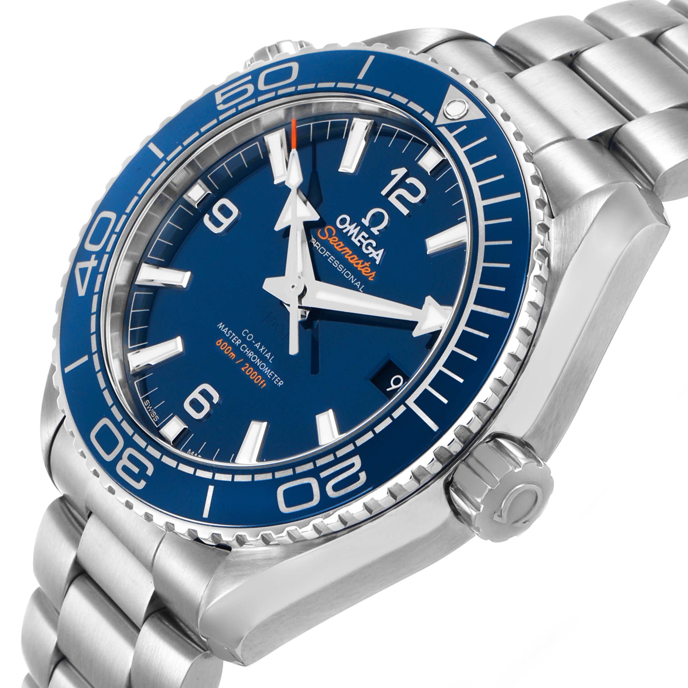 The Omega Planet Ocean 215.30.44.21.03.001 Men's Stainless Steel Blue Dial watch is shown from a three-quarter angle, highlighting the blue dial, bezel, and stainless steel bracelet.
