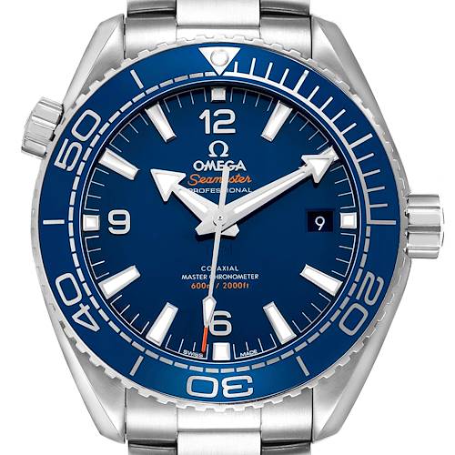 The Omega Planet Ocean 215.30.44.21.03.001 Men's Stainless Steel Blue Dial watch is shown from a front angle, highlighting the dial, bezel, and bracelet.