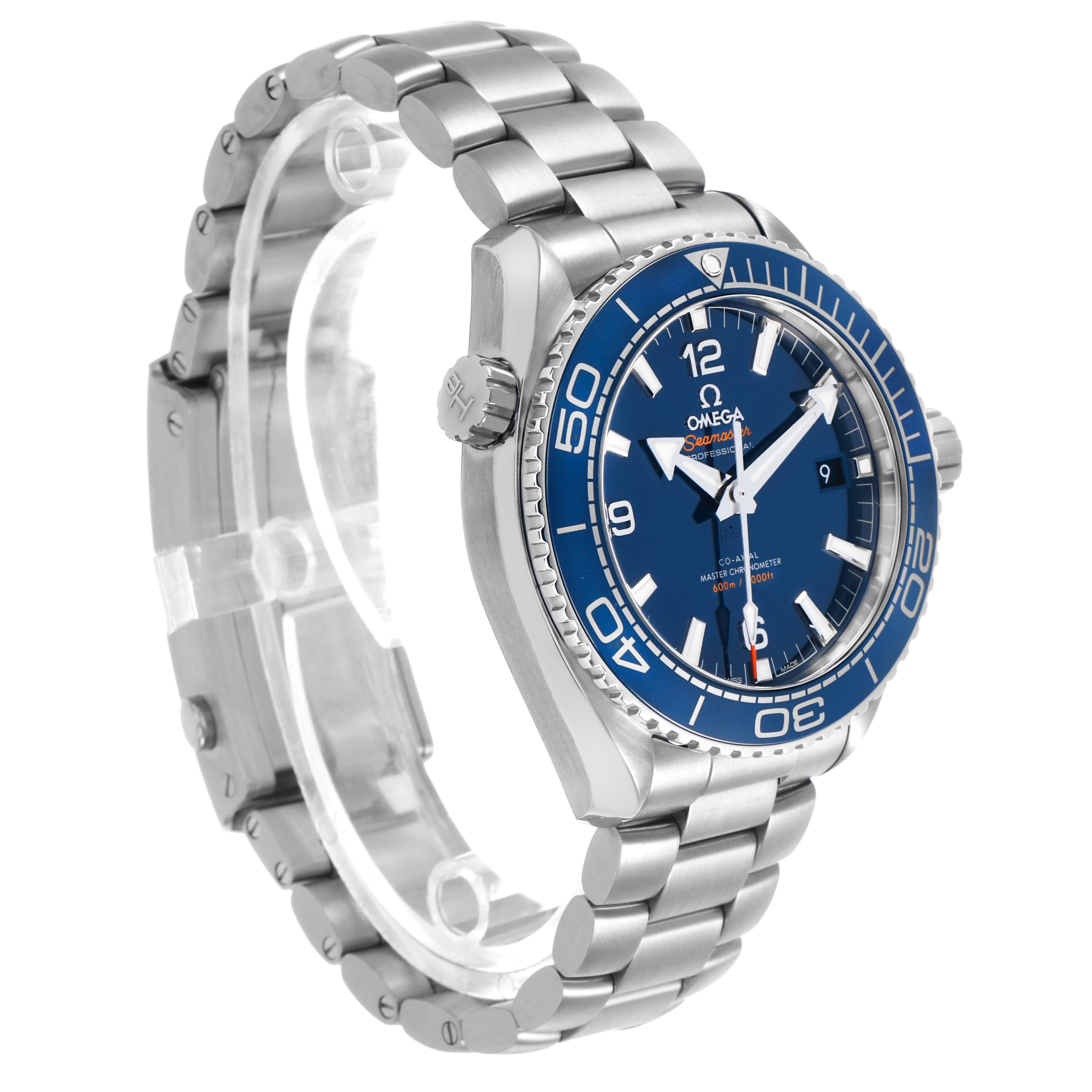 The Omega Planet Ocean 215.30.44.21.03.001 Men's Stainless Steel Blue Dial watch is shown at a side angle, highlighting the bezel, bracelet, and crown.