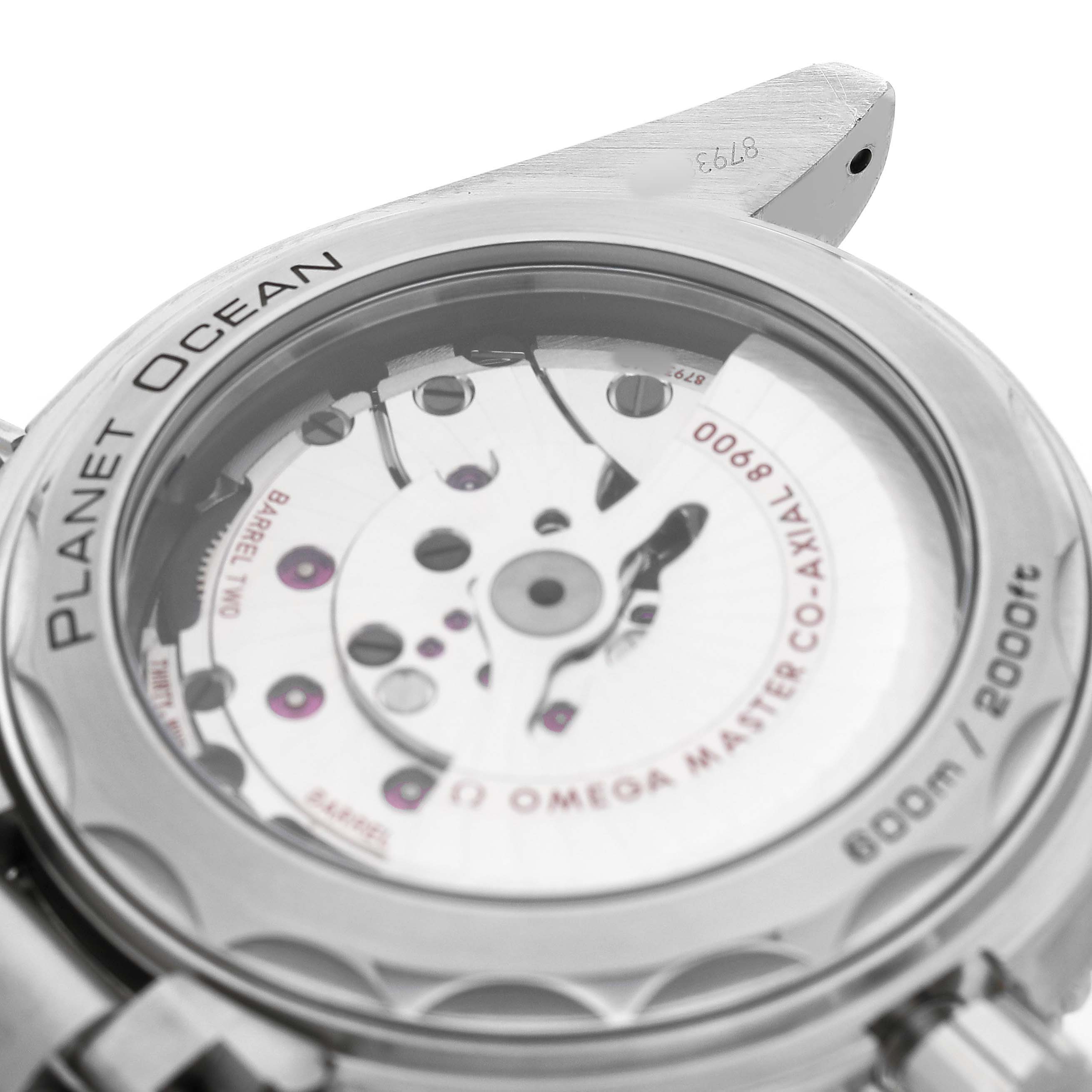 The image shows a close-up of the Omega Planet Ocean 215.30.44.21.03.001 Men's Stainless Steel Blue Dial's case back, highlighting its movement and "Planet Ocean" engraving.