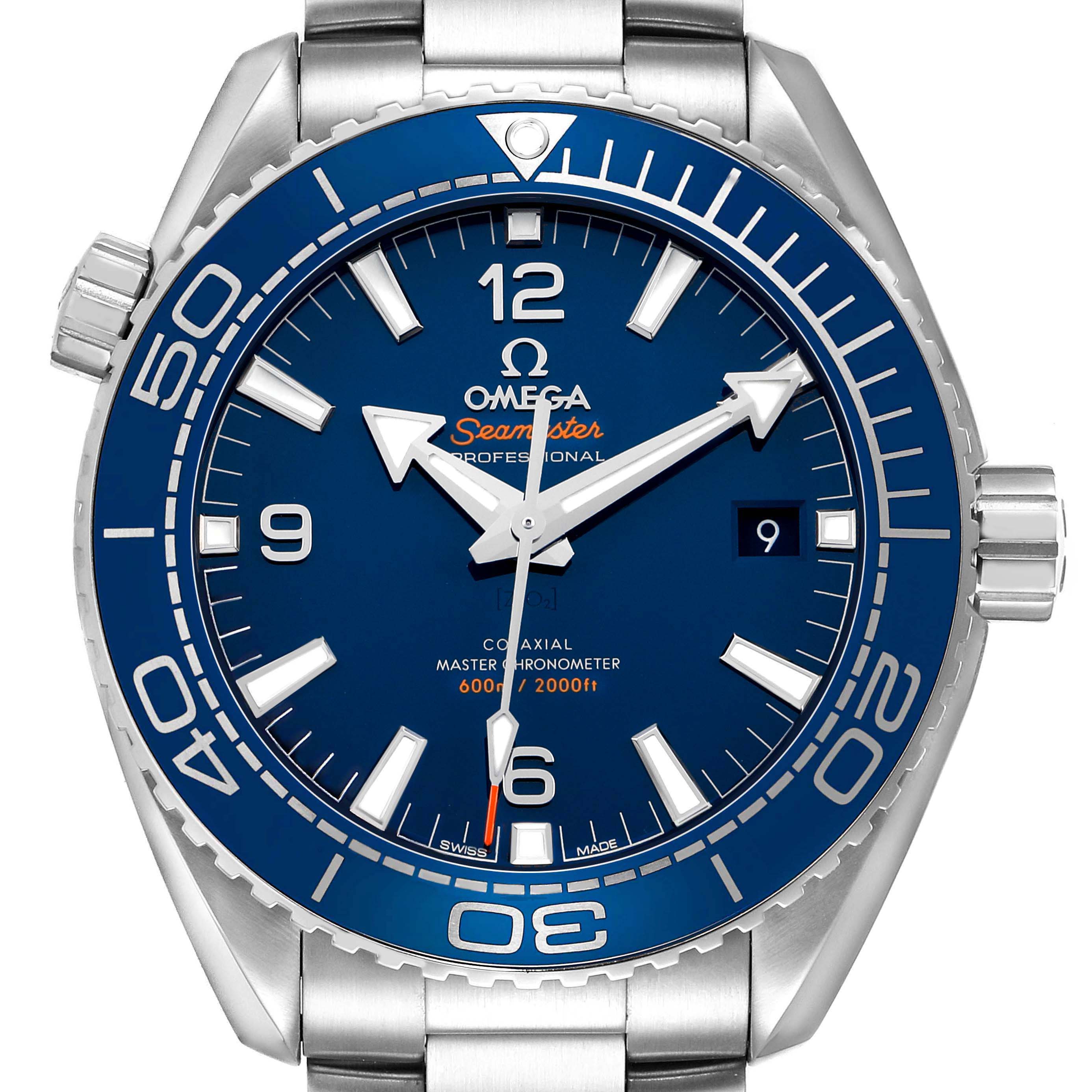 The Omega Planet Ocean 215.30.44.21.03.001 Men's Stainless Steel Blue Dial watch is shown from the front, highlighting its blue dial, bezel, and silver stainless steel bracelet.
