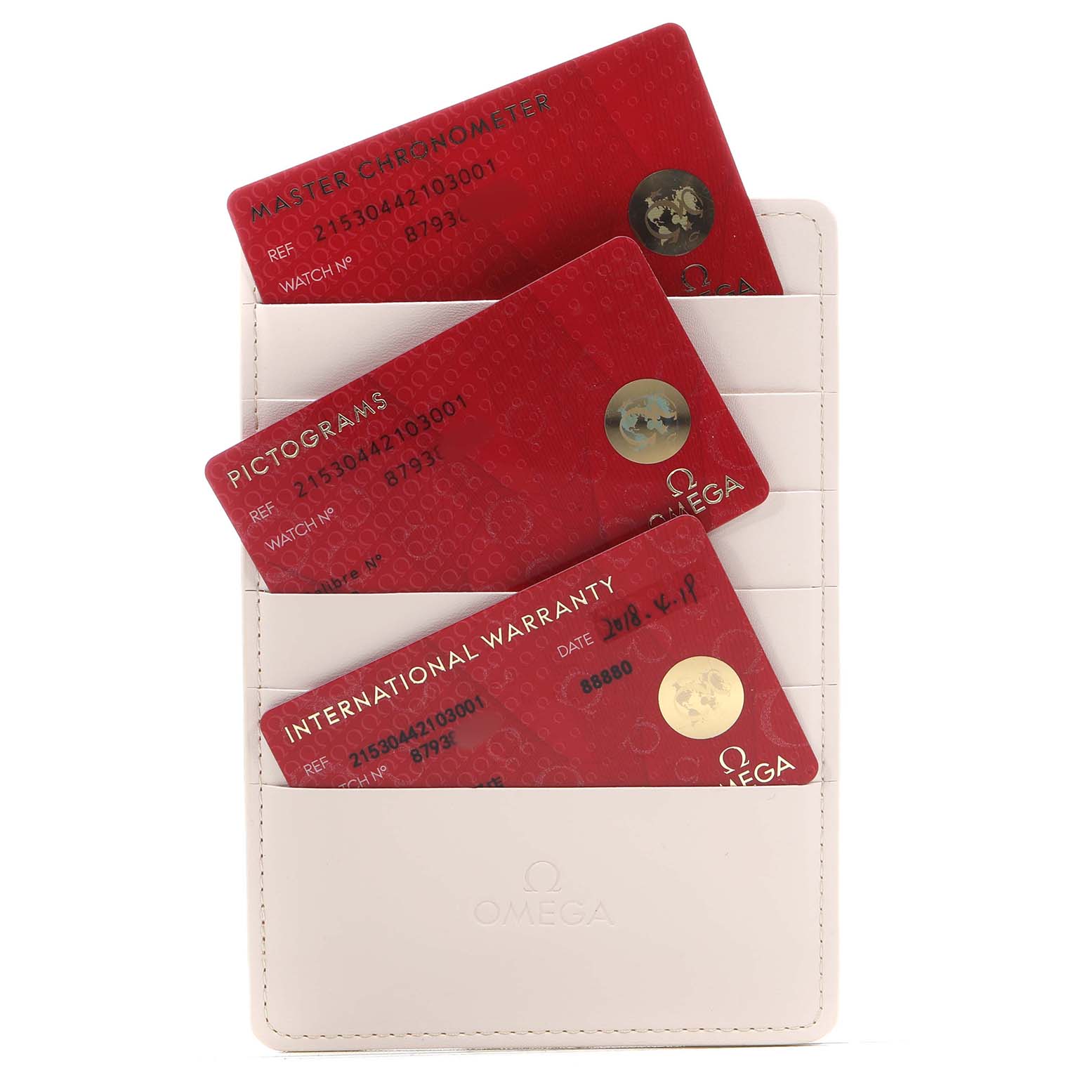 The image shows three Omega warranty cards for the Planet Ocean model, displayed in a white cardholder.