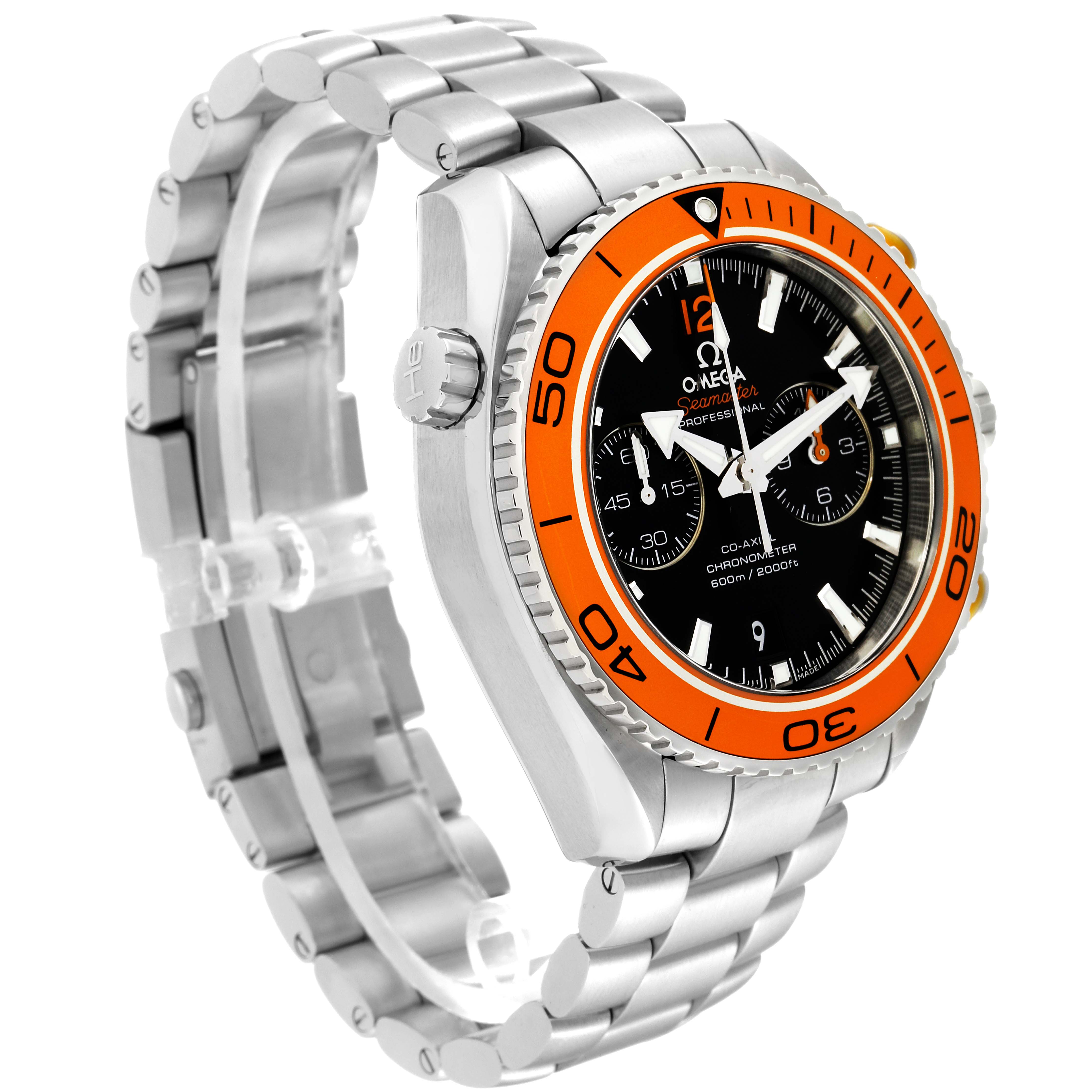 The image shows a side angle of the Omega Planet Ocean 232.30.46.51.01.002 Men
s Stainless Steel Black Dial 232.30.46.51.01.002 Men
s Stainless Steel Black Dial watch, highlighting its orange bezel, black dial, and metal bracelet.