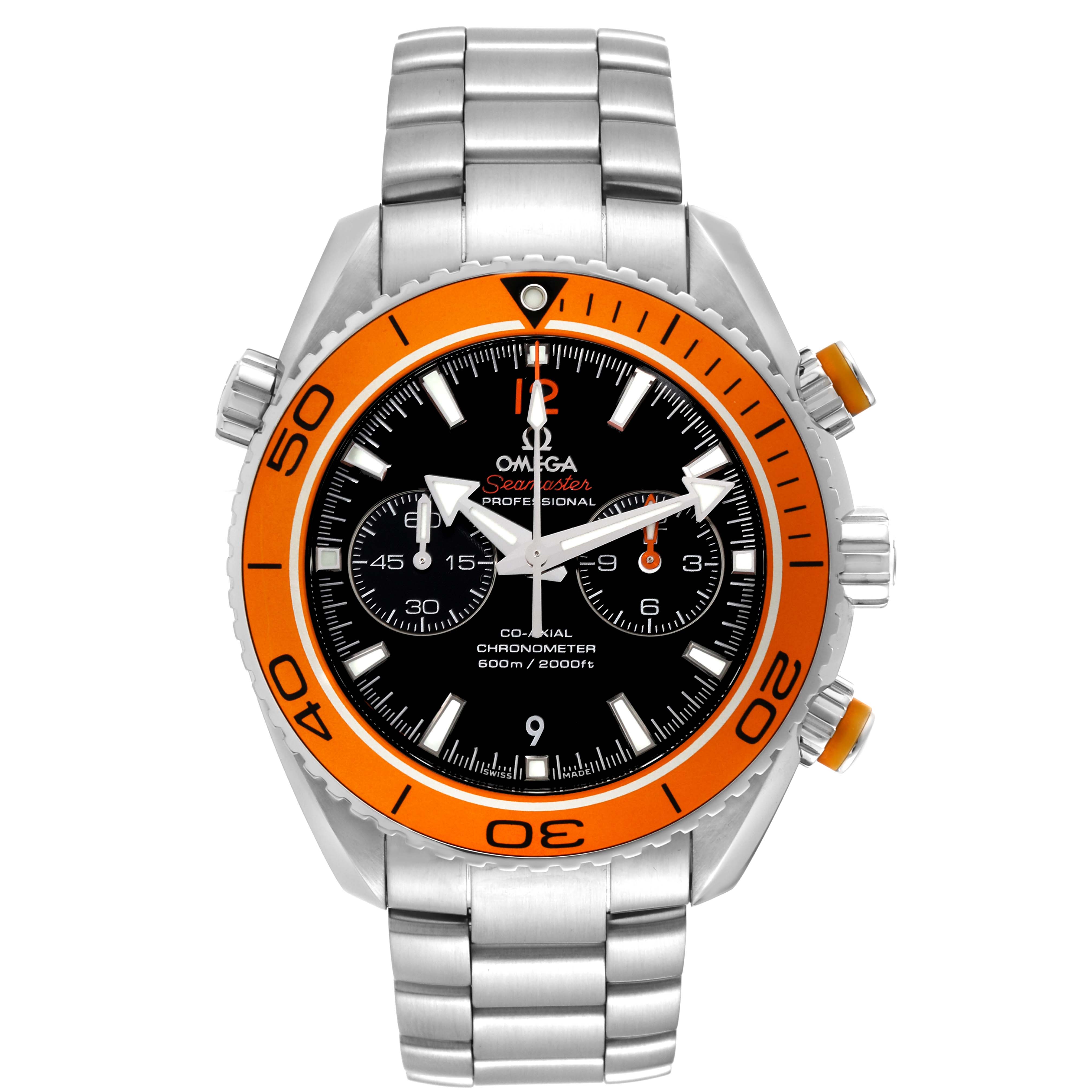 The image showcases a front view of an Omega Planet Ocean 232.30.46.51.01.002 Men
s Stainless Steel Black Dial 232.30.46.51.01.002 Men
s Stainless Steel Black Dial watch, highlighting its orange bezel, black dial, and metal bracelet.
