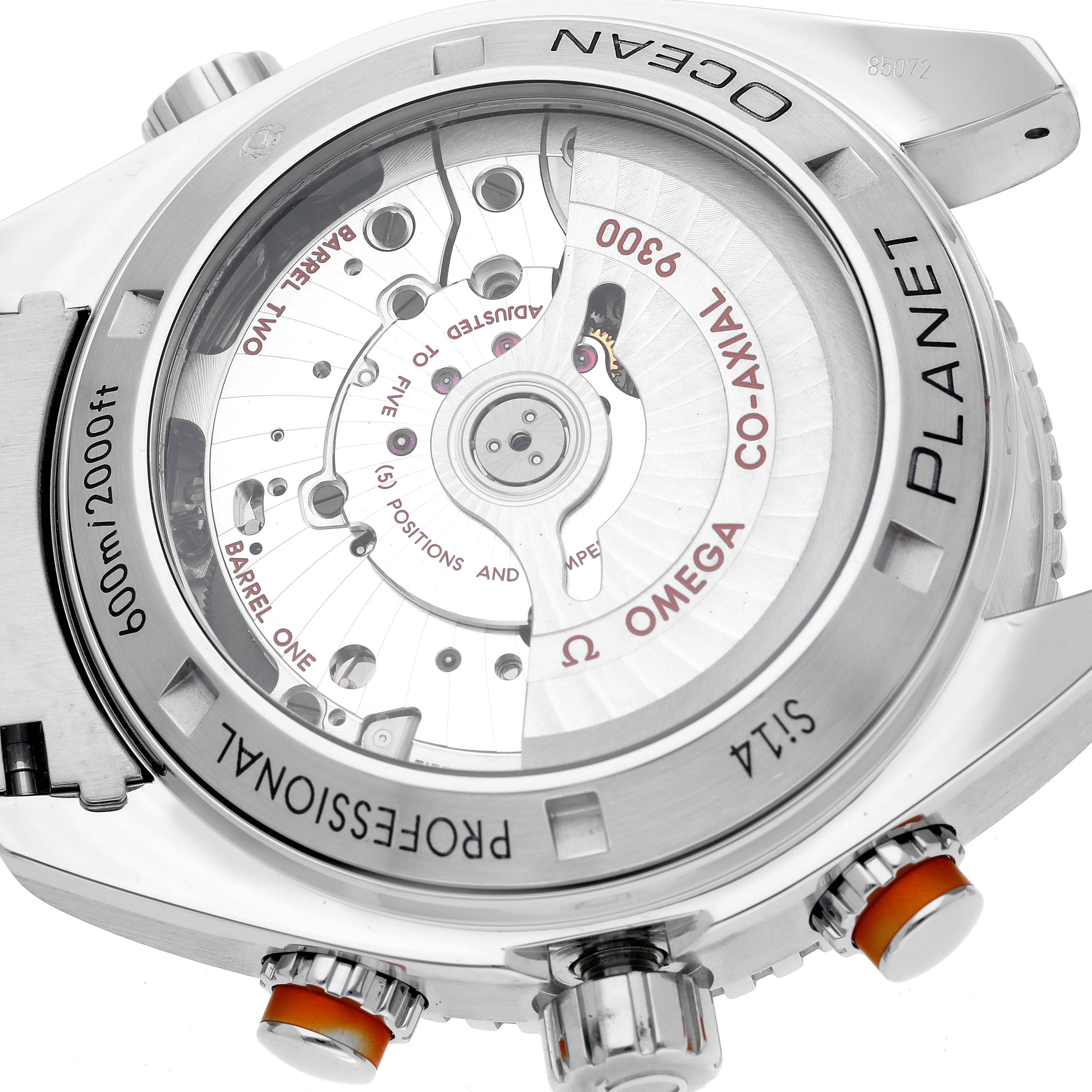 The image shows the back view of the Omega Planet Ocean 232.30.46.51.01.002 Men
s Stainless Steel Black Dial 232.30.46.51.01.002 Men
s Stainless Steel Black Dial watch, highlighting the movement and inner mechanics.