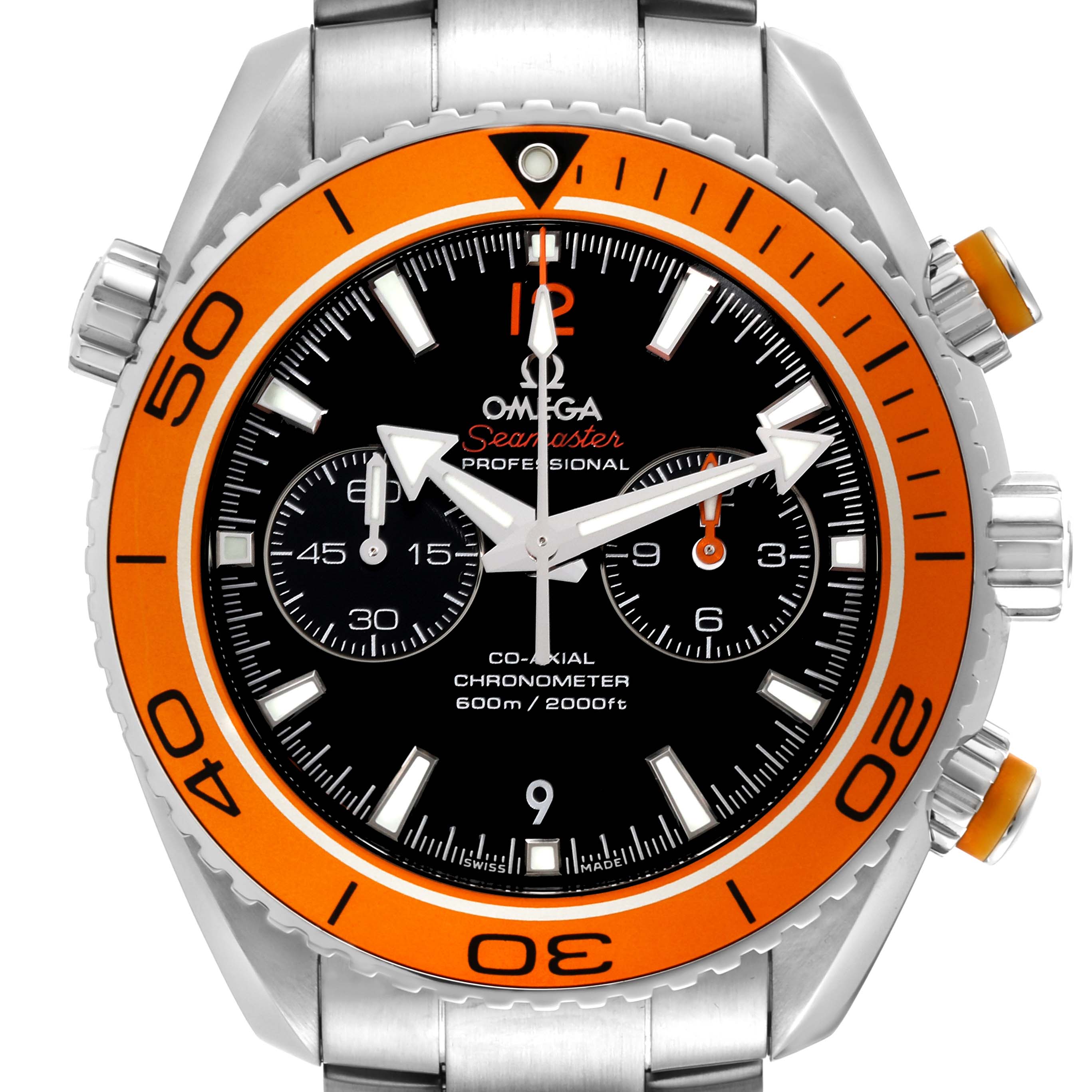 The image shows a front view of an Omega Planet Ocean 232.30.46.51.01.002 Men
s Stainless Steel Black Dial 232.30.46.51.01.002 Men
s Stainless Steel Black Dial watch, highlighting the dial, bezel, and crown.
