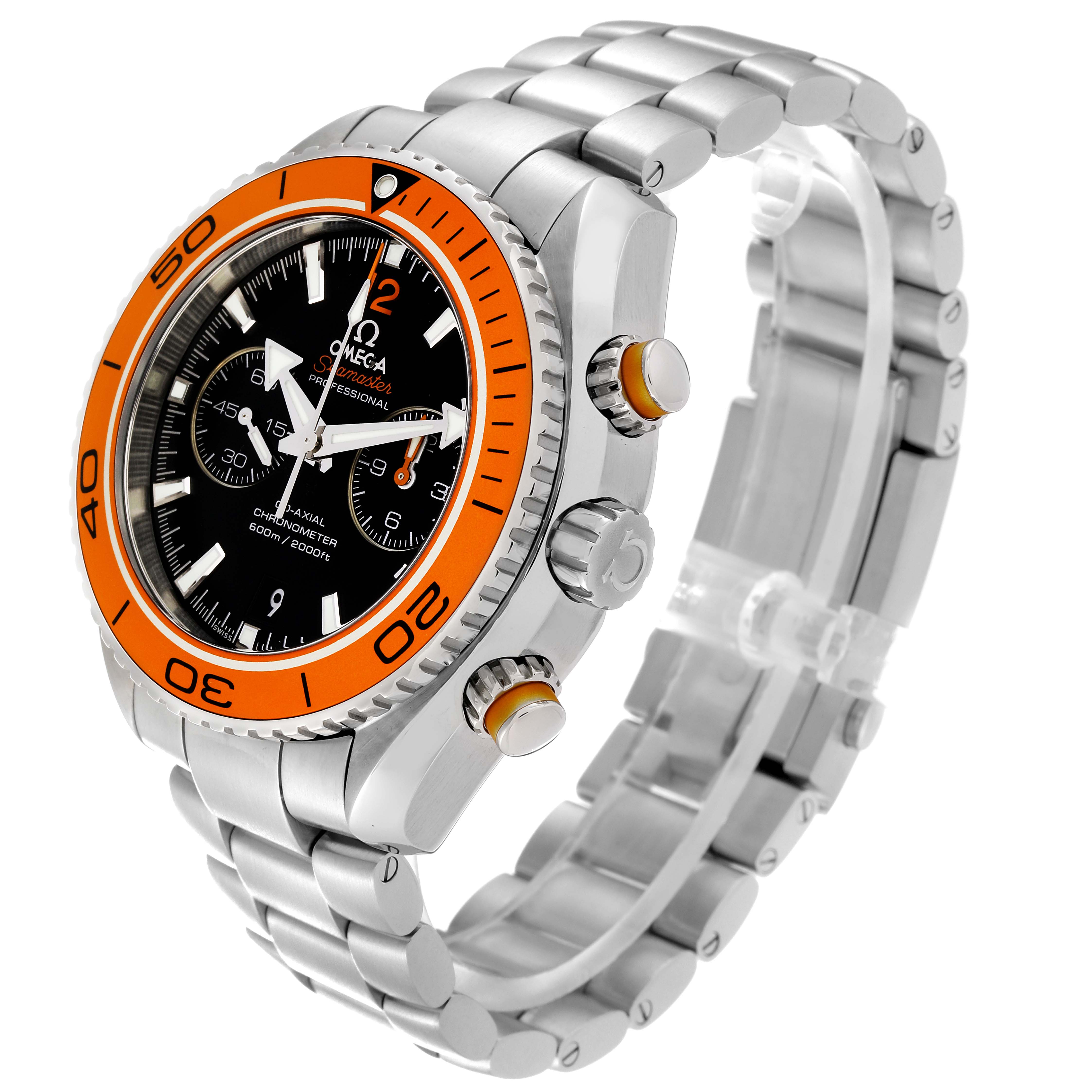 The image shows an angled view of the Omega Planet Ocean 232.30.46.51.01.002 Men
s Stainless Steel Black Dial 232.30.46.51.01.002 Men
s Stainless Steel Black Dial watch, focusing on the bezel, dial, crown, buttons, and bracelet.