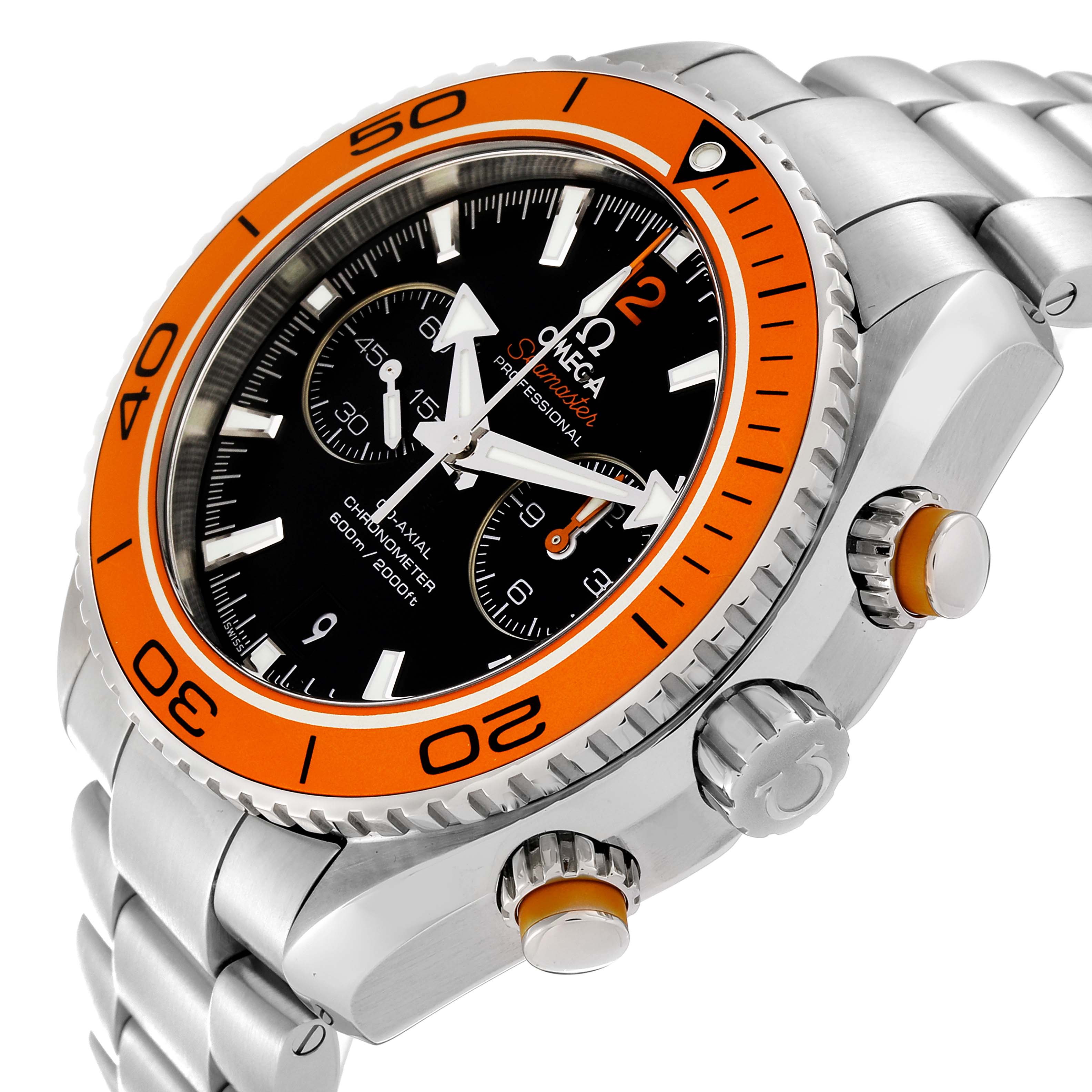 The image shows a close-up angle of the Omega Planet Ocean 232.30.46.51.01.002 Men
s Stainless Steel Black Dial 232.30.46.51.01.002 Men
s Stainless Steel Black Dial watch, highlighting the orange bezel, crown, and pushers.