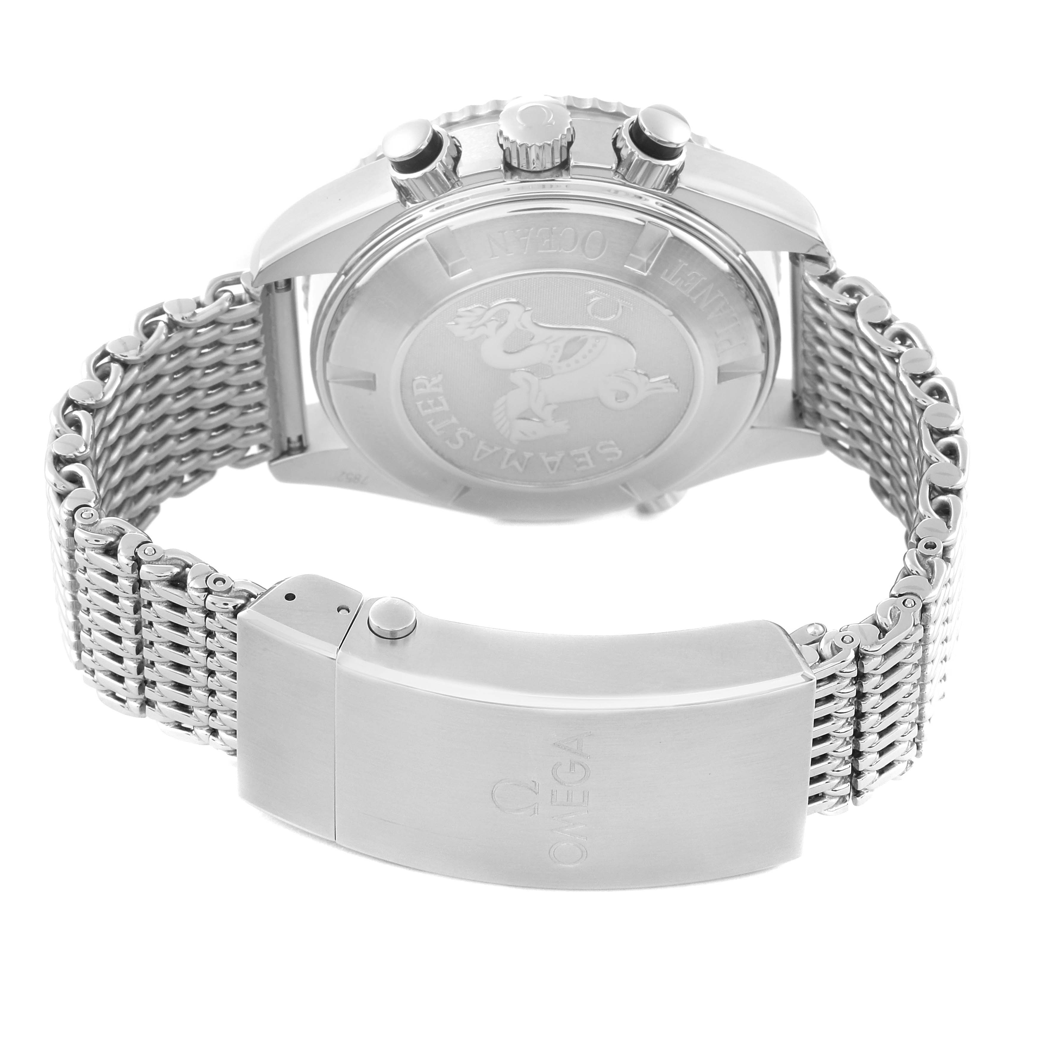 The image shows the back case and clasp of the Omega Planet Ocean 2210.50.00 Men
s Stainless Steel Black Dial 2210.50.00 Men
s Stainless Steel Black Dial watch from a rear angle.