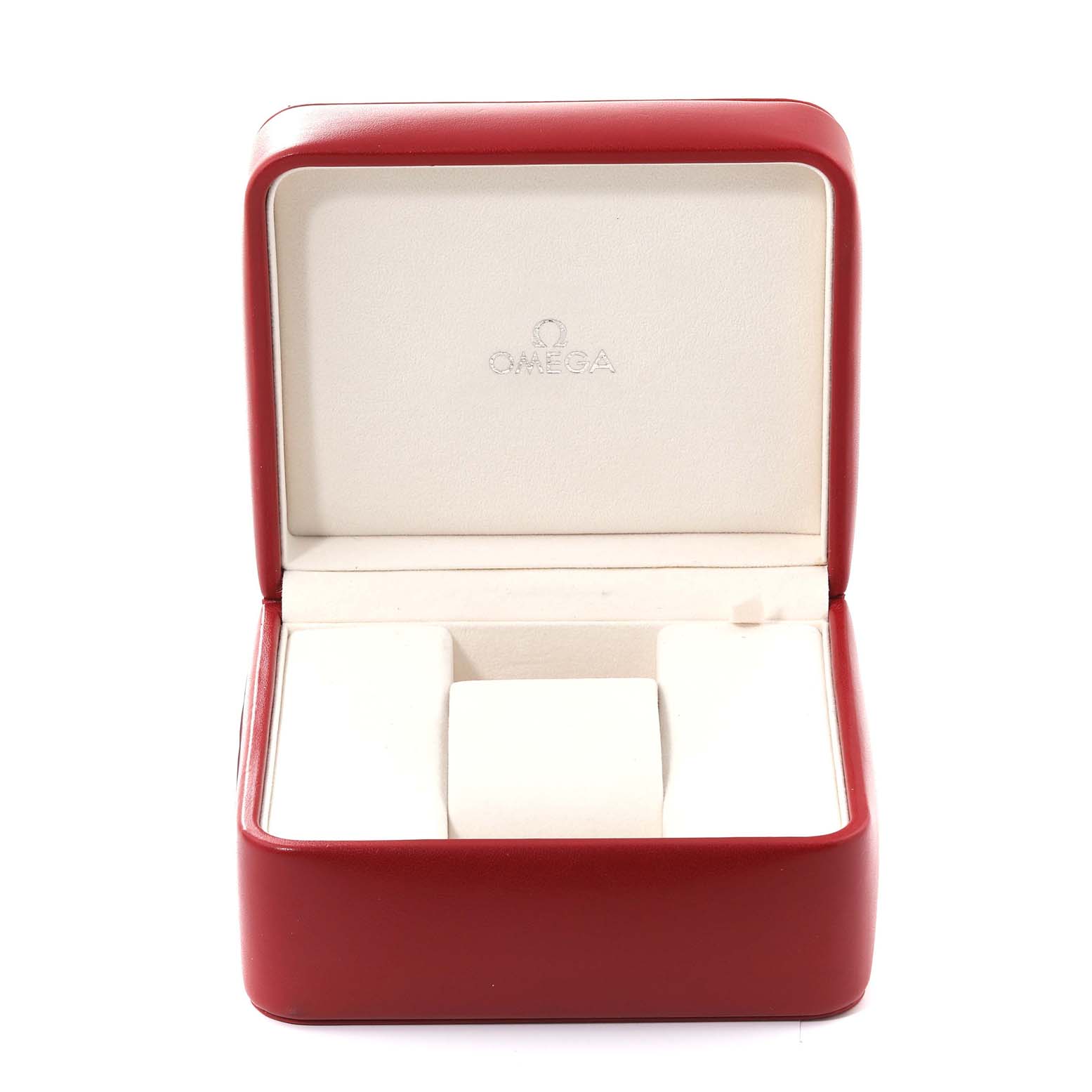 This image shows an Omega Planet Ocean 2210.50.00 Men
s Stainless Steel Black Dial 2210.50.00 Men
s Stainless Steel Black Dial watch box, opened, from a front angle, showcasing its cushioned interior.