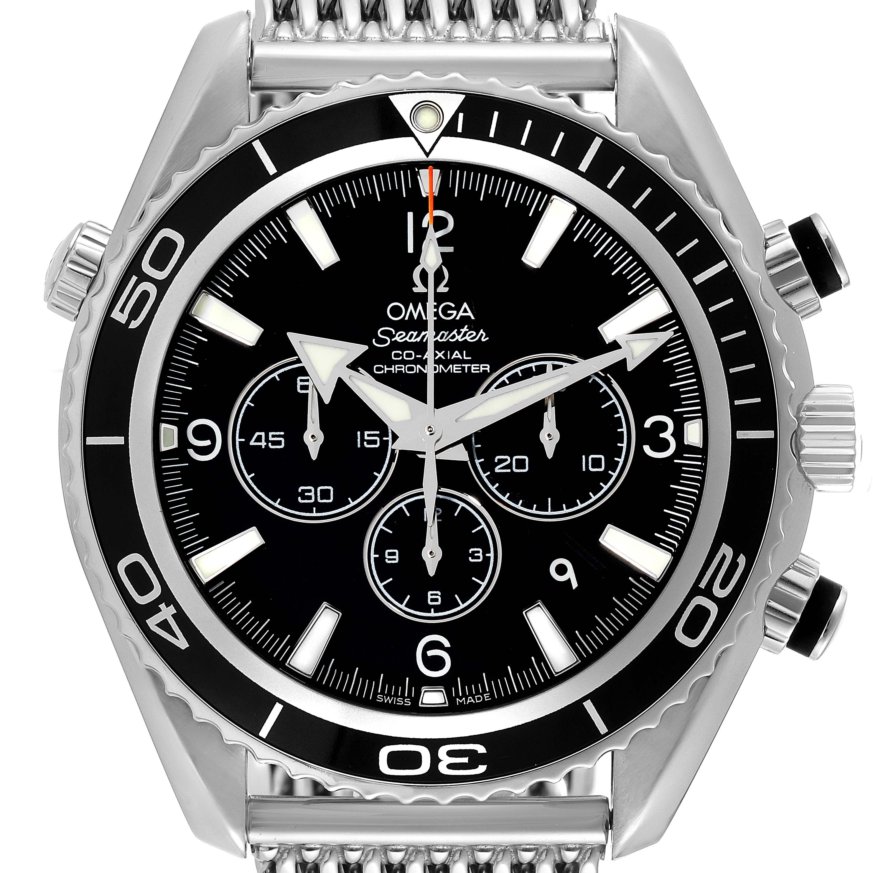 The image shows a front view of the Omega Planet Ocean 2210.50.00 Men
s Stainless Steel Black Dial 2210.50.00 Men
s Stainless Steel Black Dial model, highlighting its bezel, dial, and chronograph sub-dials.
