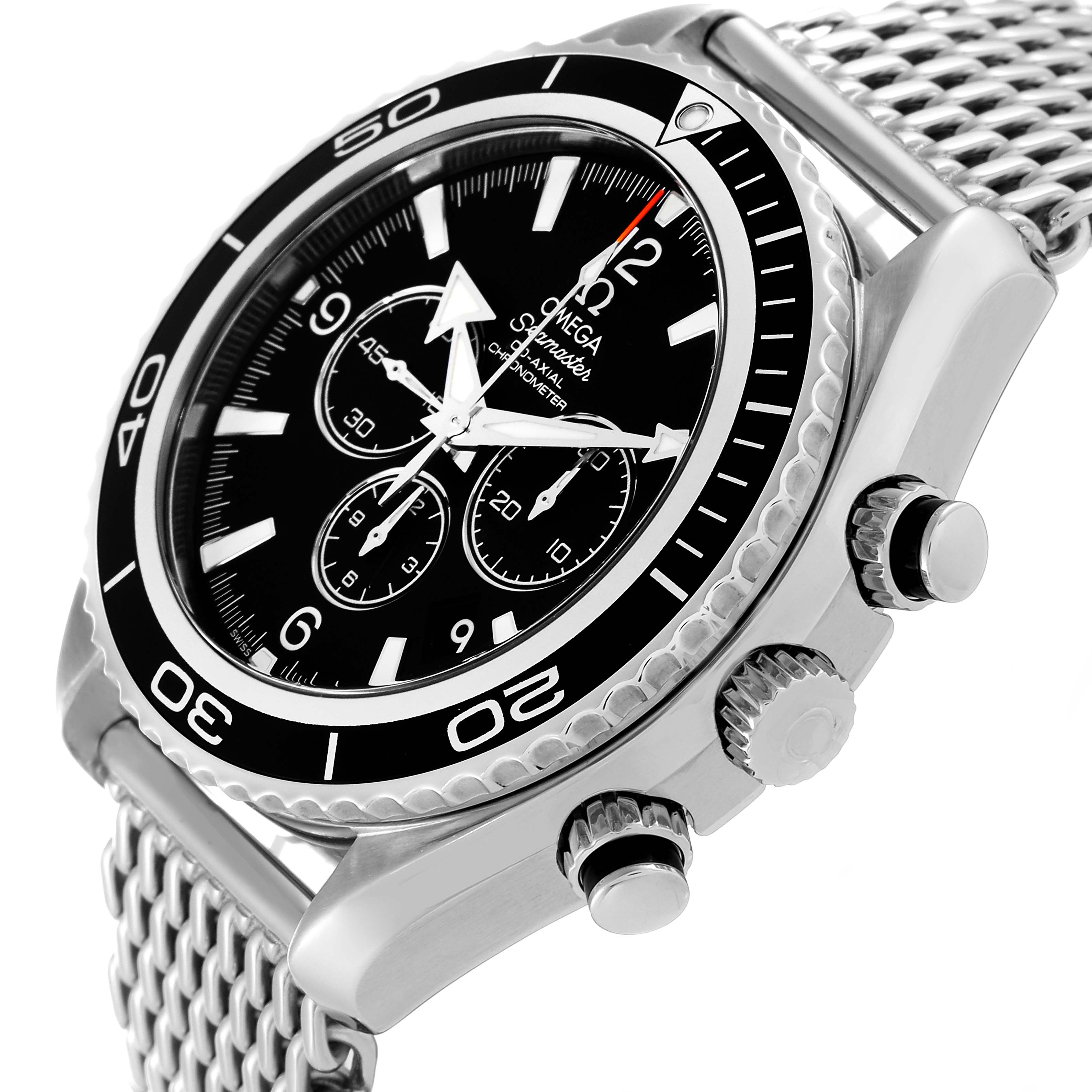 This image shows a close-up angle of the Omega Planet Ocean 2210.50.00 Men
s Stainless Steel Black Dial 2210.50.00 Men
s Stainless Steel Black Dial watch, highlighting its bezel, dial, crown, and mesh strap.