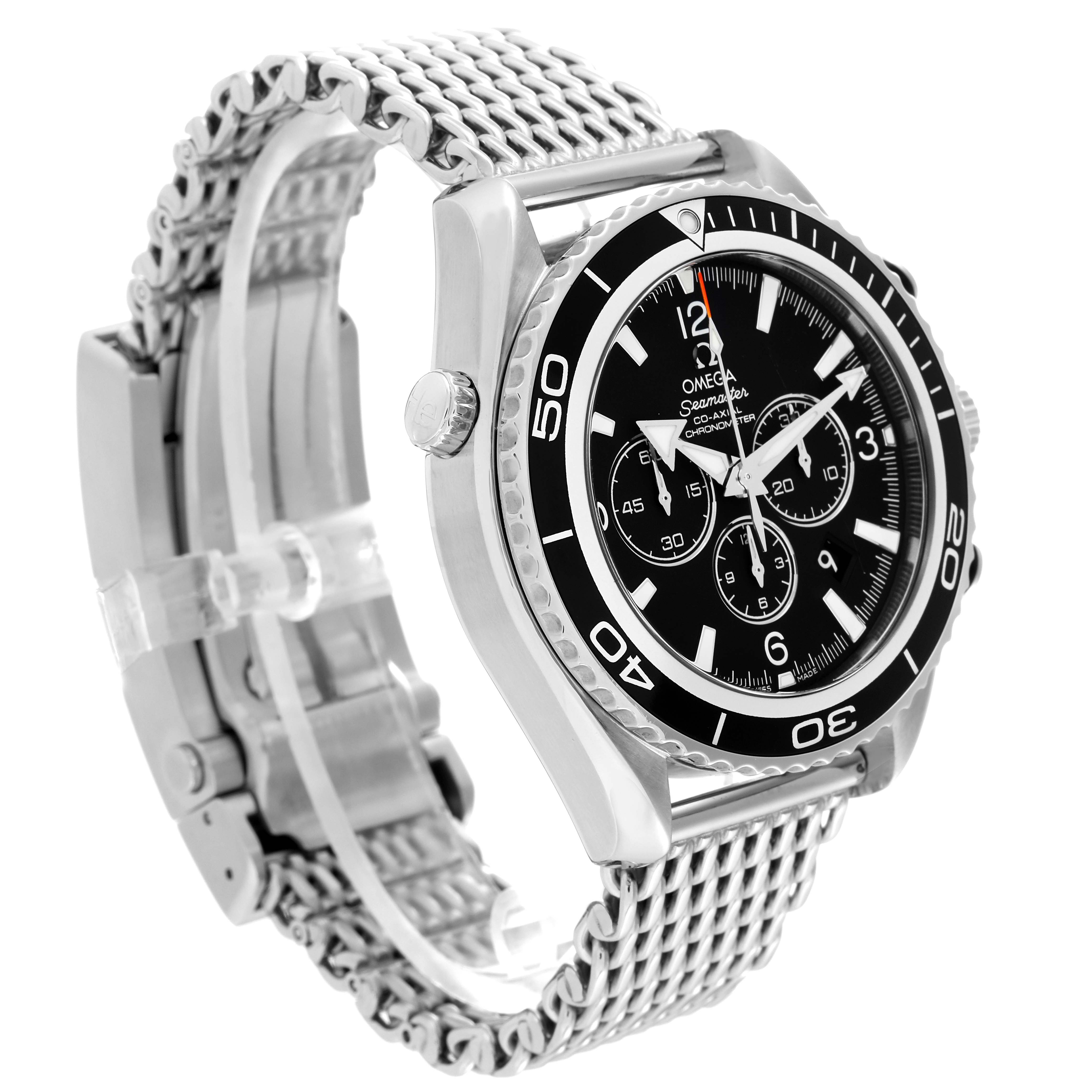 The Omega Planet Ocean 2210.50.00 Men
s Stainless Steel Black Dial 2210.50.00 Men
s Stainless Steel Black Dial watch is shown from a three-quarter angle, displaying its dial, bezel, crown, and metal bracelet.