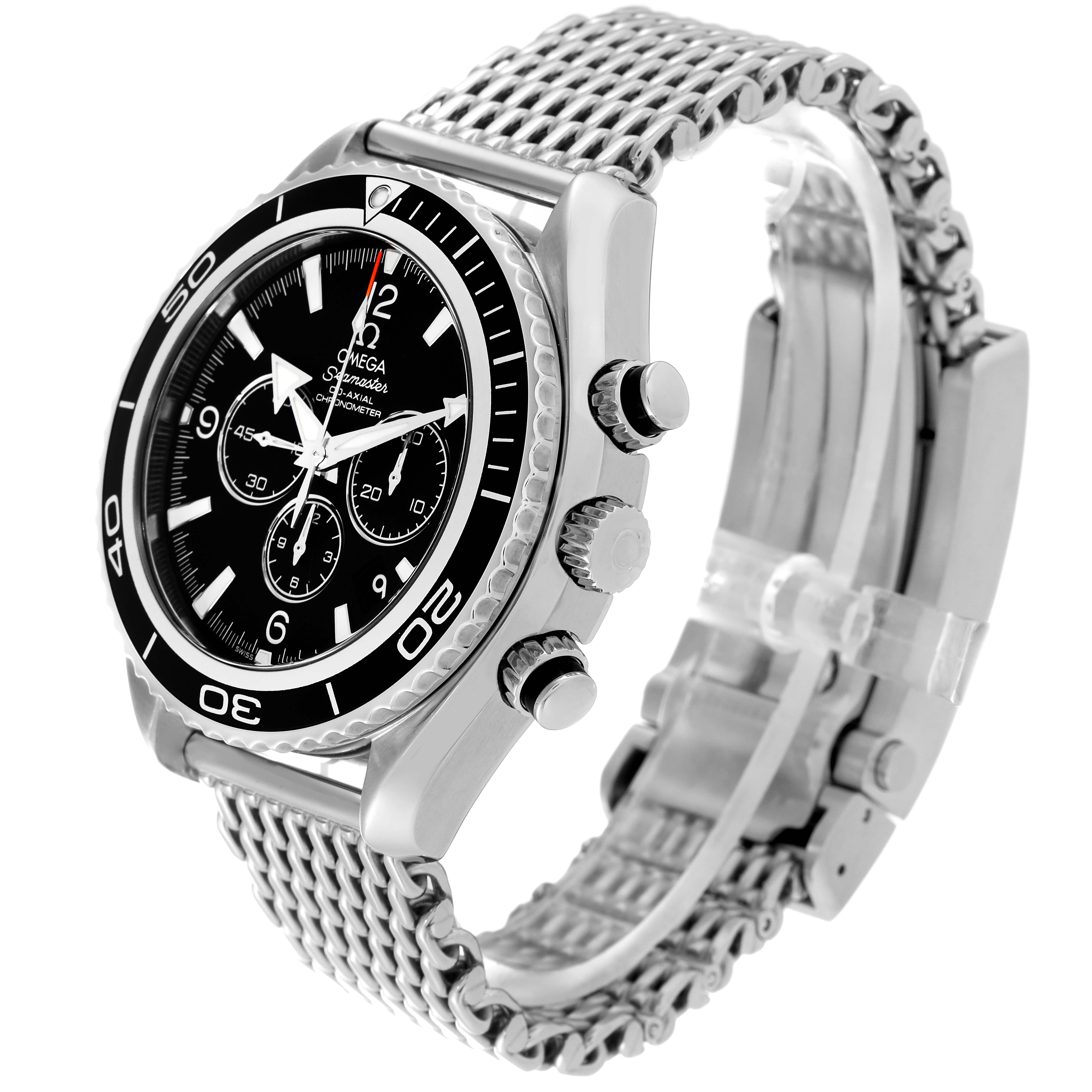 This image shows an angled side view of the Omega Planet Ocean 2210.50.00 Men
s Stainless Steel Black Dial 2210.50.00 Men
s Stainless Steel Black Dial watch, featuring its dial, bezel, chronograph buttons, and metal bracelet.